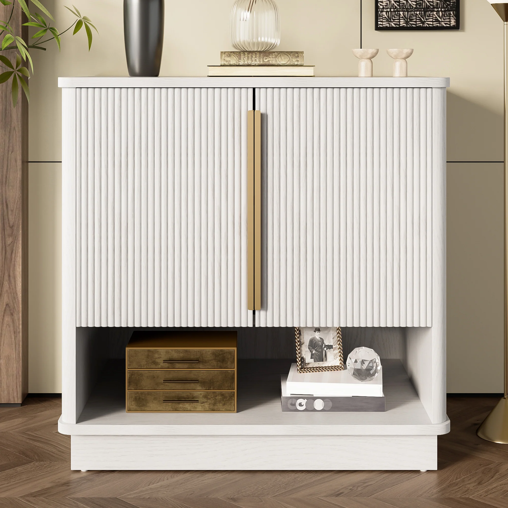 Shoe Cabinet 2 Doors Open Compartment Gold Handles 60x40x61cm - White - Image 3