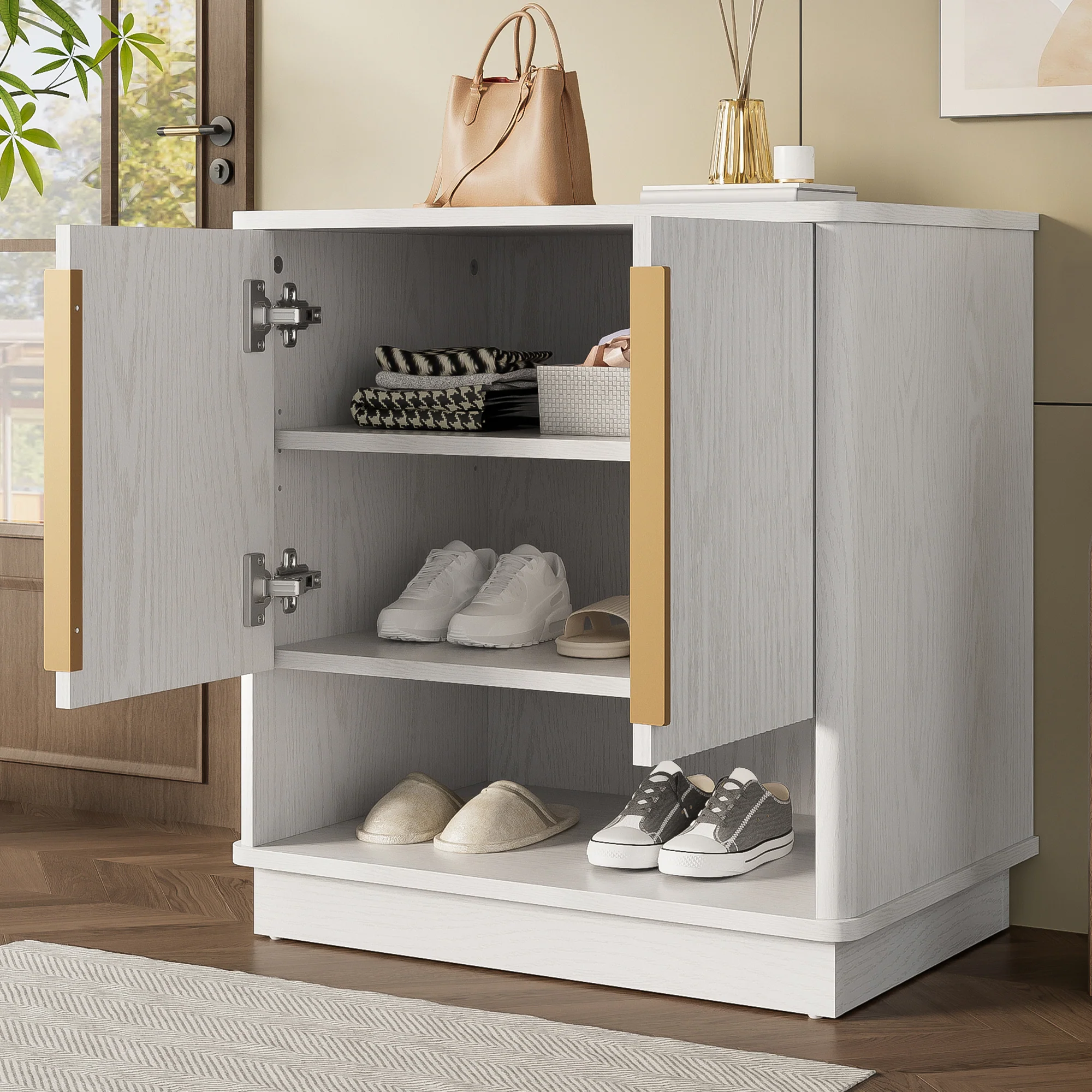 Shoe Cabinet 2 Doors Open Compartment Gold Handles 60x40x61cm - White - Image 4