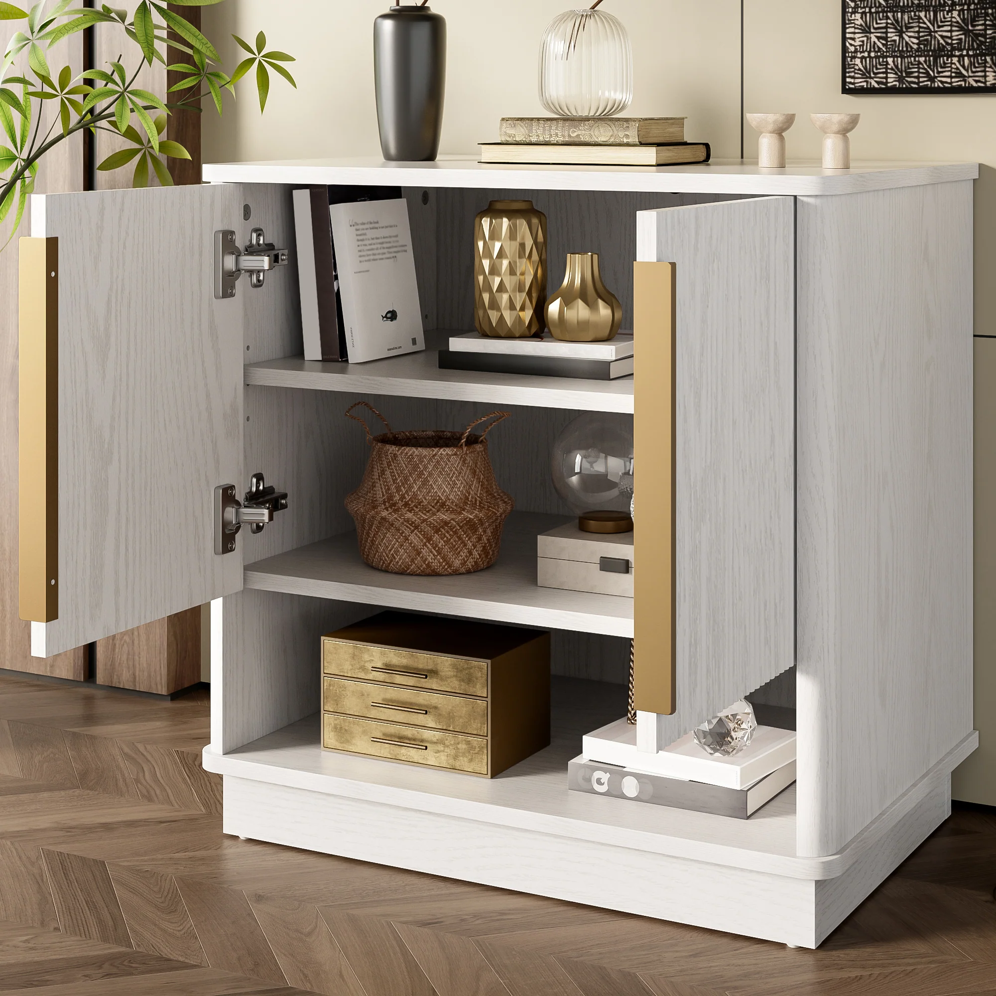 Shoe Cabinet 2 Doors Open Compartment Gold Handles 60x40x61cm - White - Image 5