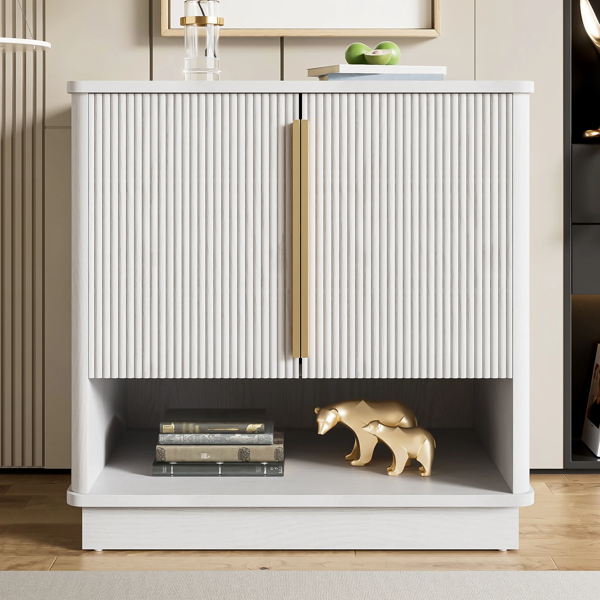 Shoe Cabinet 2 Doors Open Compartment Gold Handles 60x40x61cm - White - Image 7