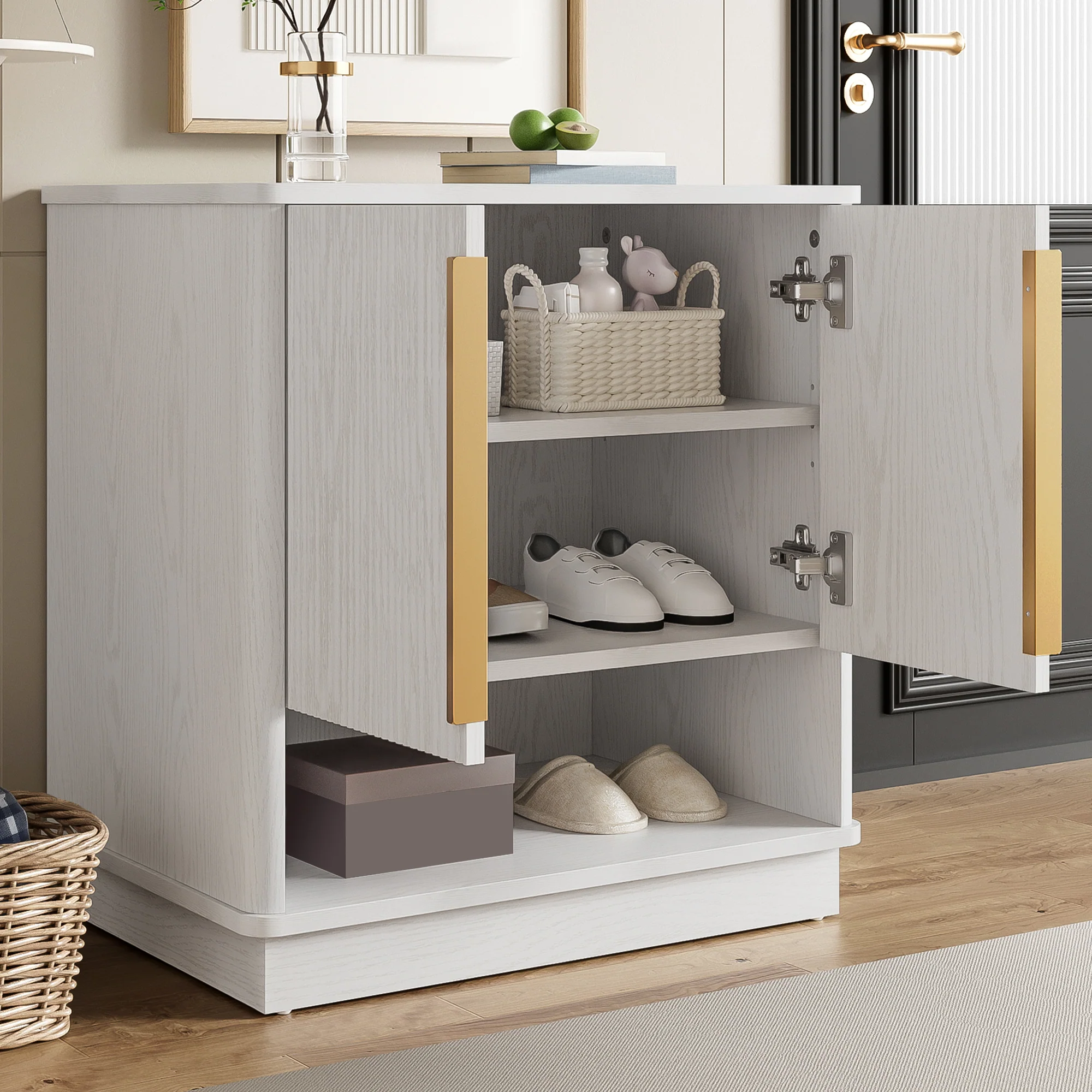 Shoe Cabinet 2 Doors Open Compartment Gold Handles 60x40x61cm - White - Image 8