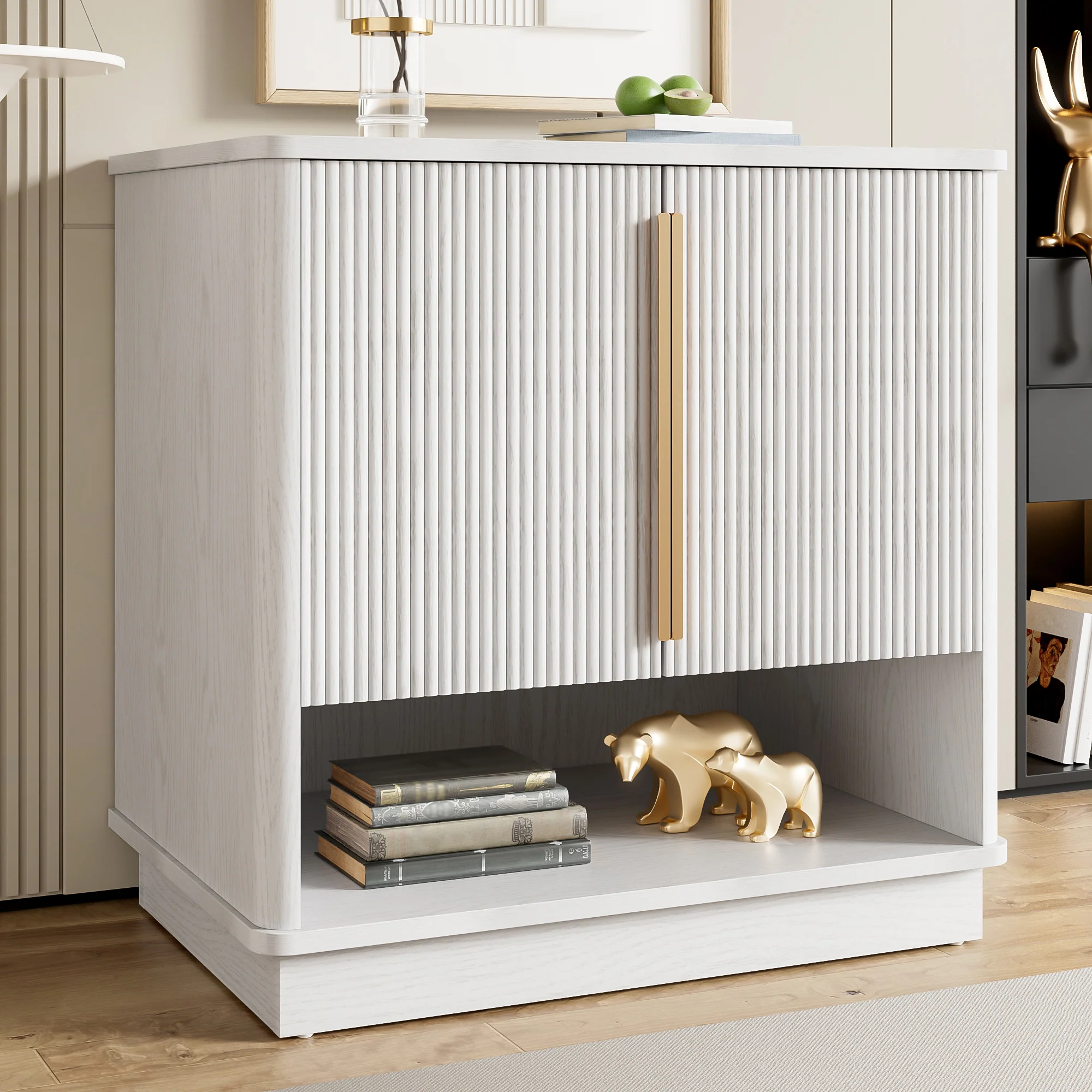 Shoe Cabinet 2 Doors Open Compartment Gold Handles 60x40x61cm - White - Image 9
