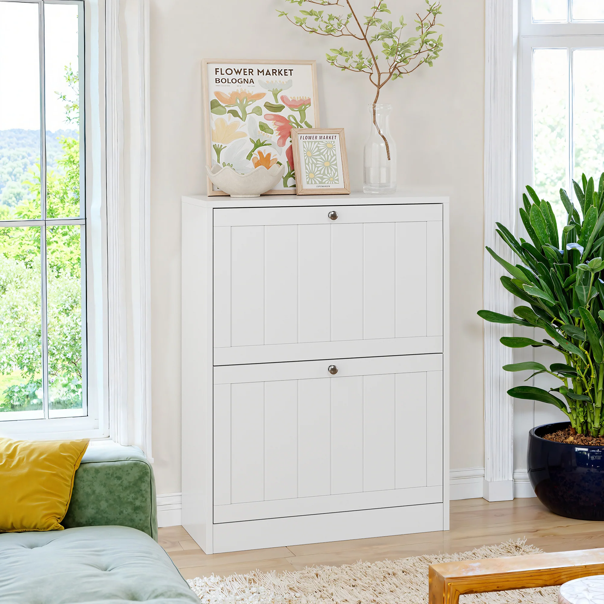 Shoe Cabinet 60cm Mid-Century Modern Freestanding 2 Drop-Down Drawers - White - Image 7