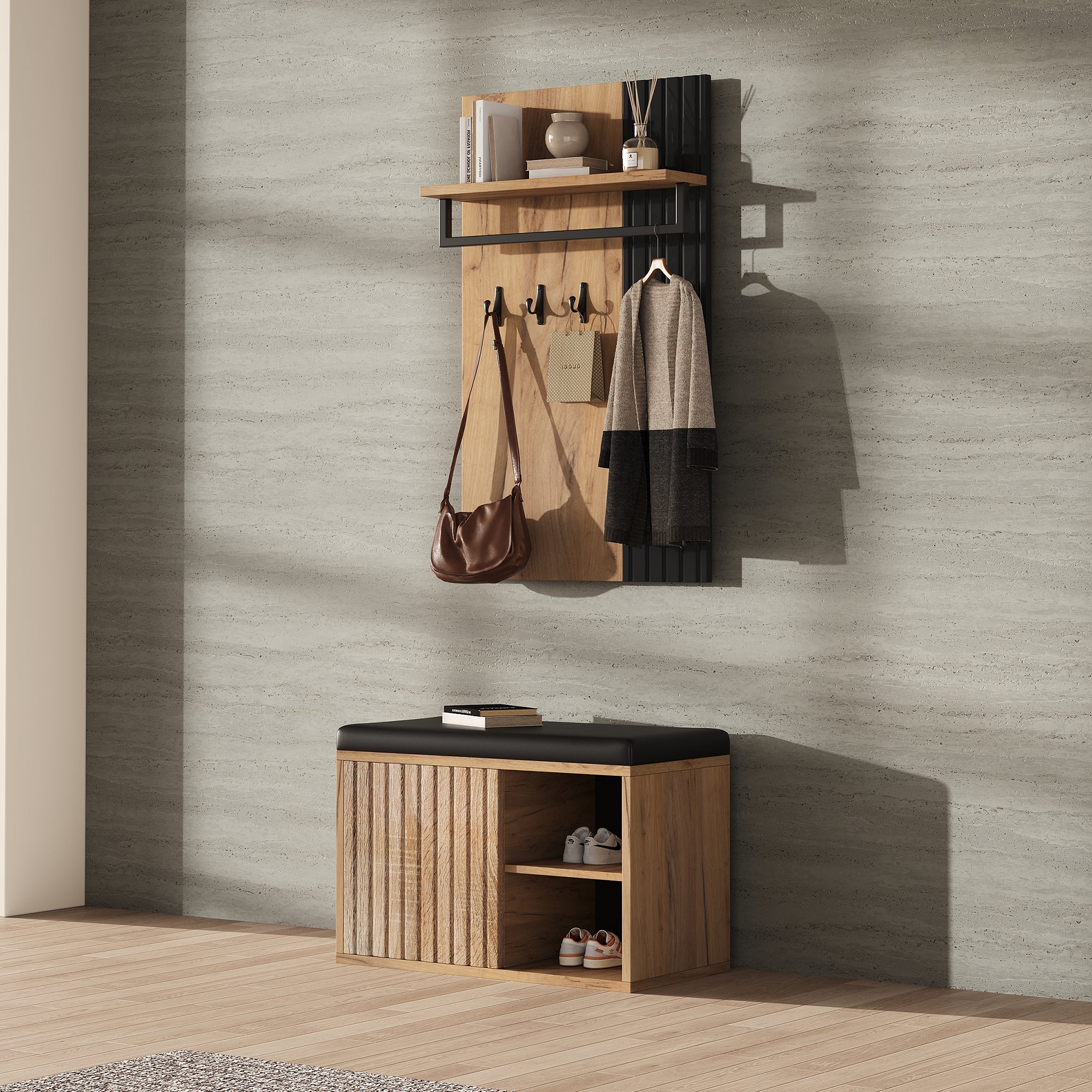 Shoe Cabinet Bench Hallway Furniture 2 Doors 3 Hooks Black and Natural Color - Image 2