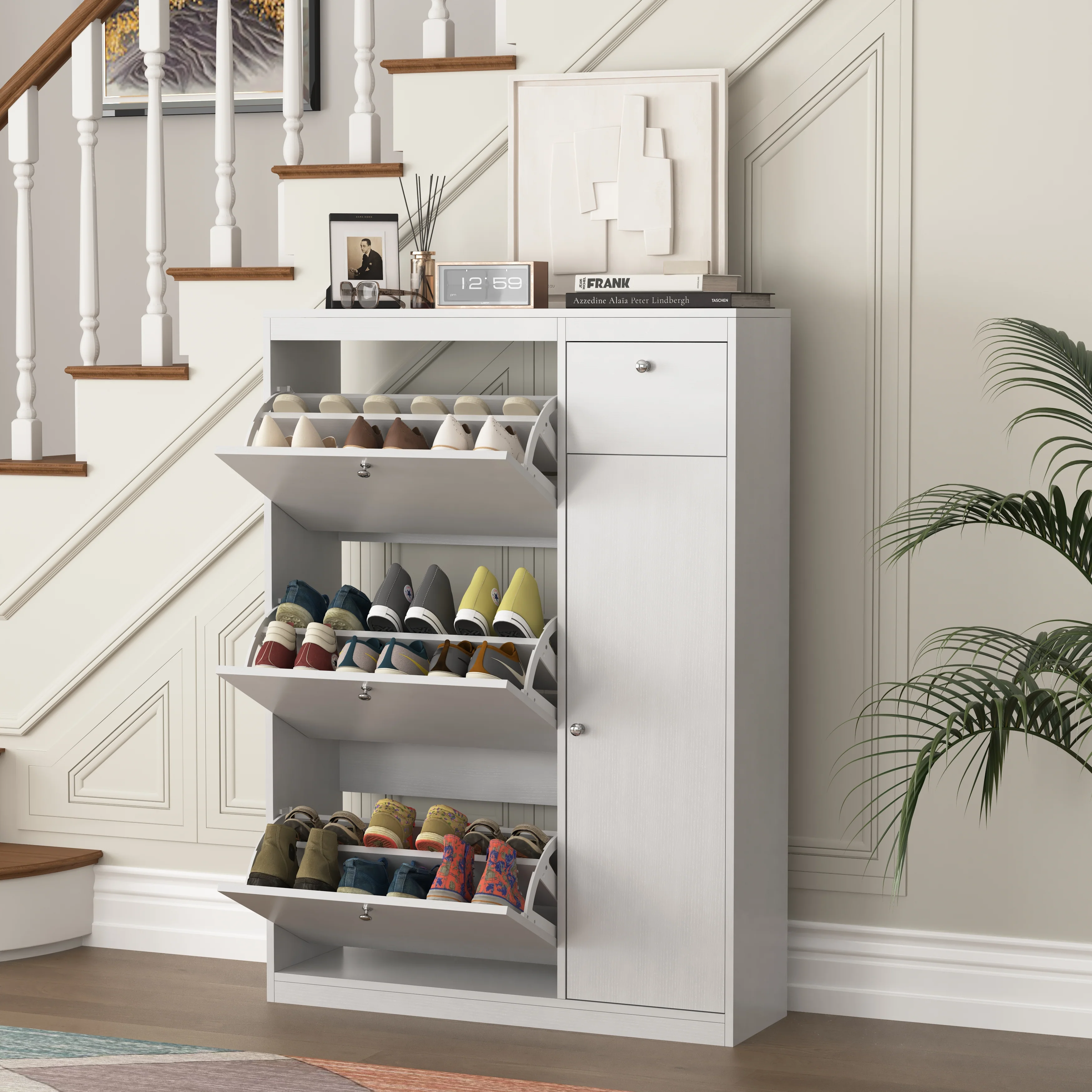 Shoe Cabinet Freestanding 3 Drop-Down Drawers Adjustable Shelf - Image 2