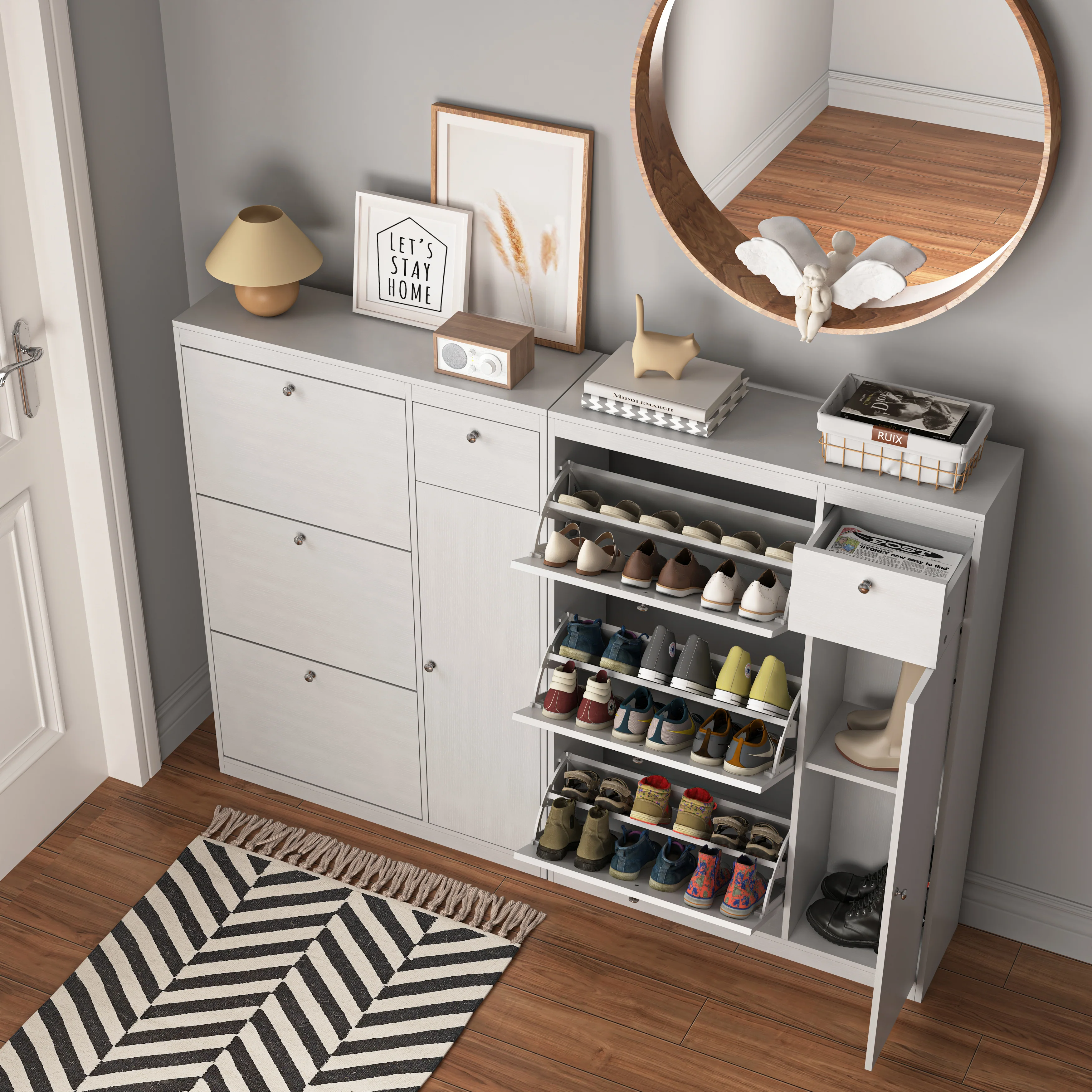 Shoe Cabinet Freestanding 3 Drop-Down Drawers Adjustable Shelf - Image 4