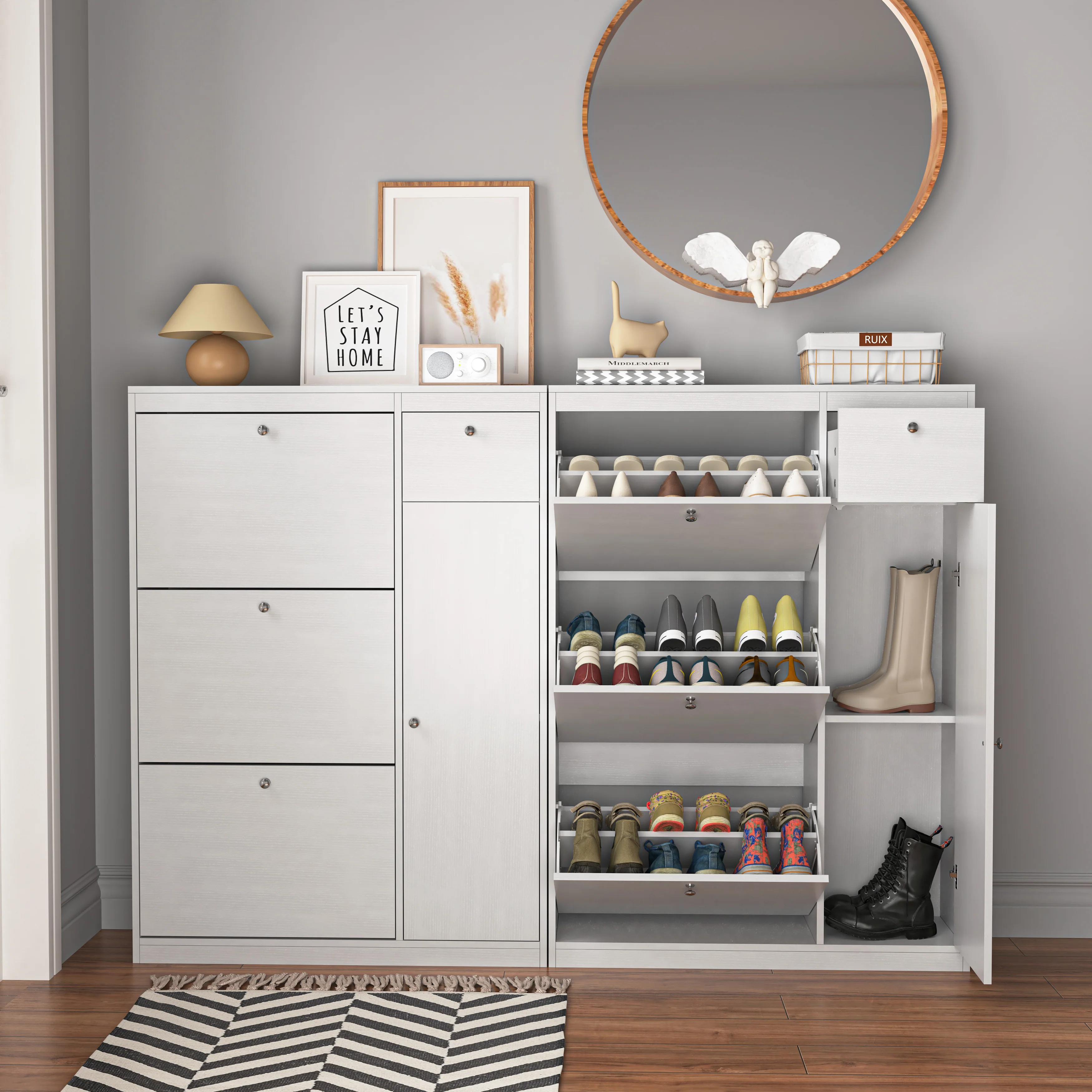 Shoe Cabinet Freestanding 3 Drop-Down Drawers Adjustable Shelf - Image 7