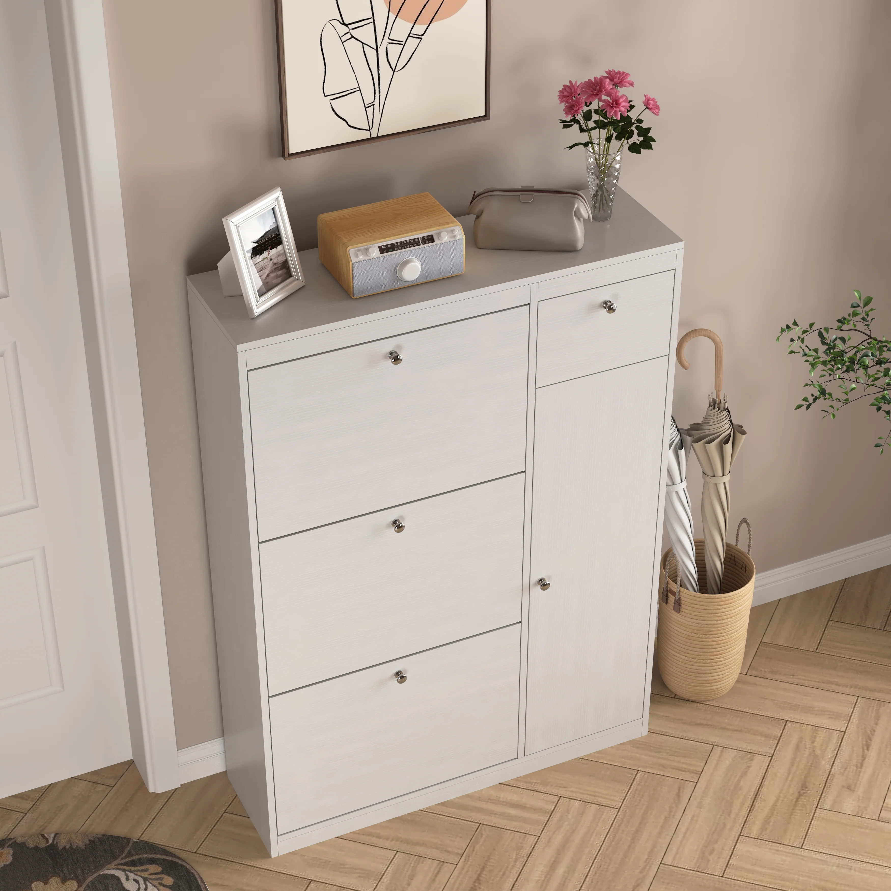 Shoe Cabinet Freestanding 3 Drop-Down Drawers Adjustable Shelf - Image 8