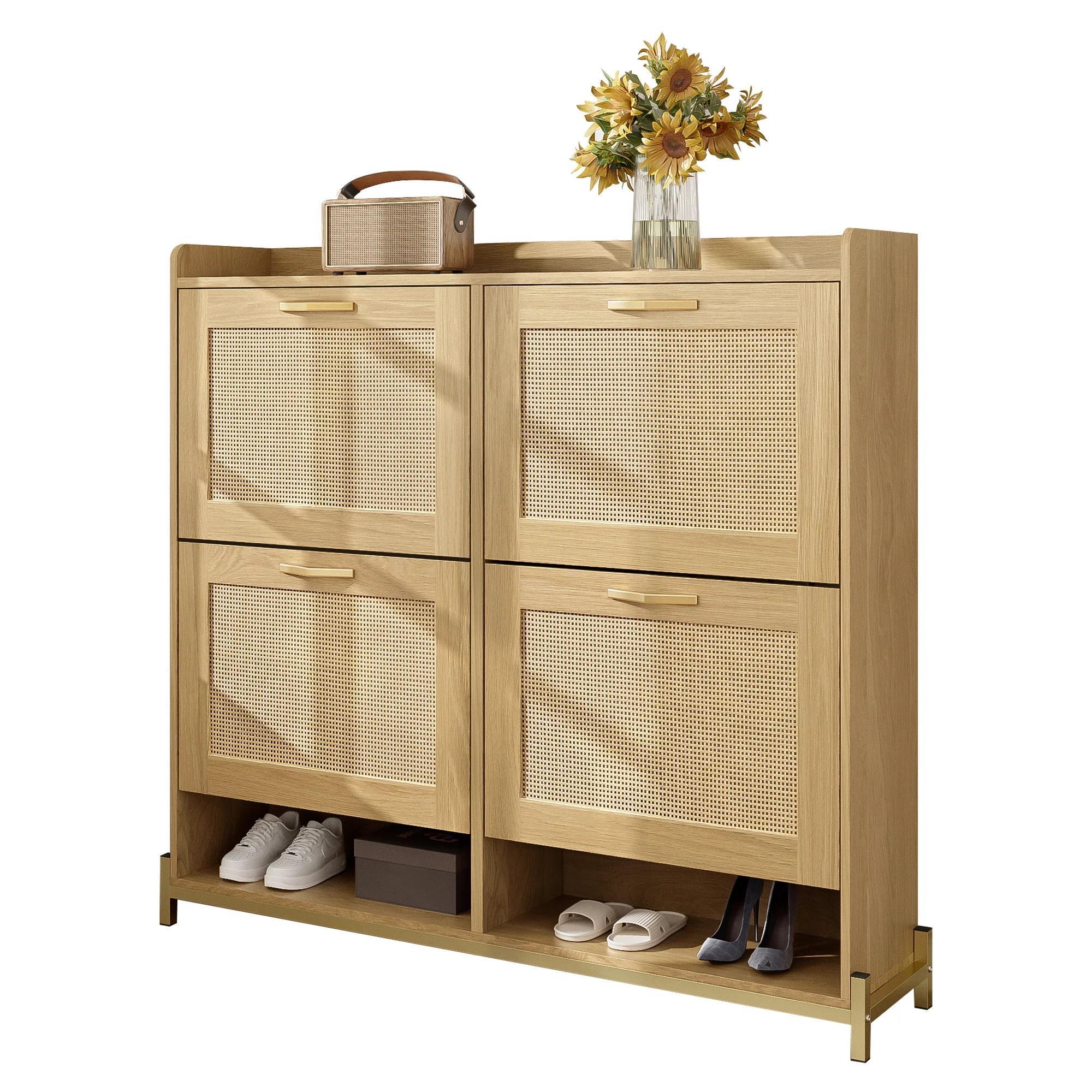 Shoe Cabinet Rattan Doors 4 Doors Metal Frame - Wood - Image 2
