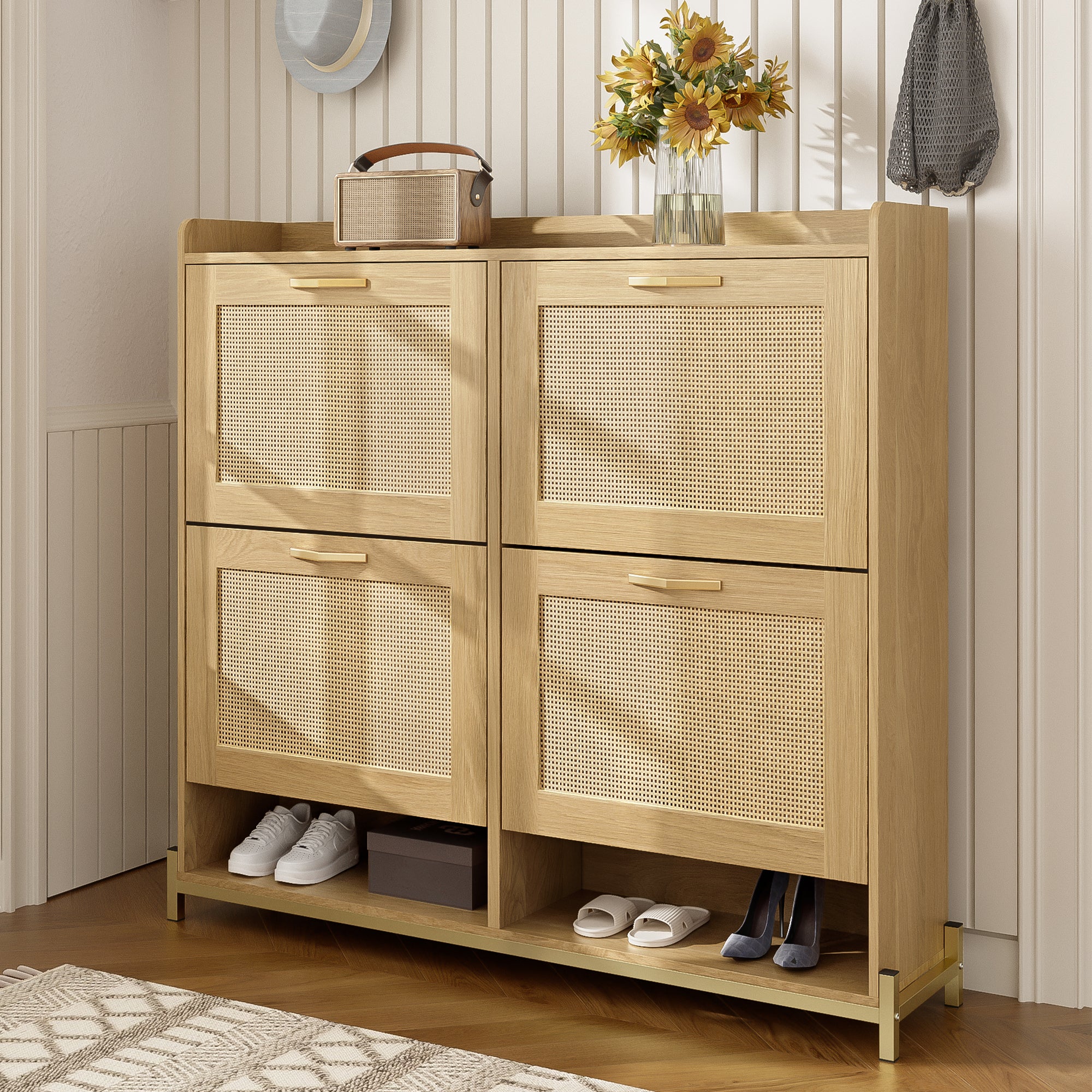 Shoe Cabinet Rattan Doors 4 Doors Metal Frame - Wood - Image 3