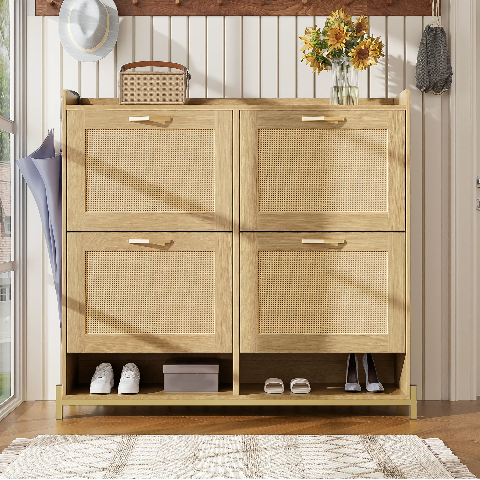 Shoe Cabinet Rattan Doors 4 Doors Metal Frame - Wood - Image 4