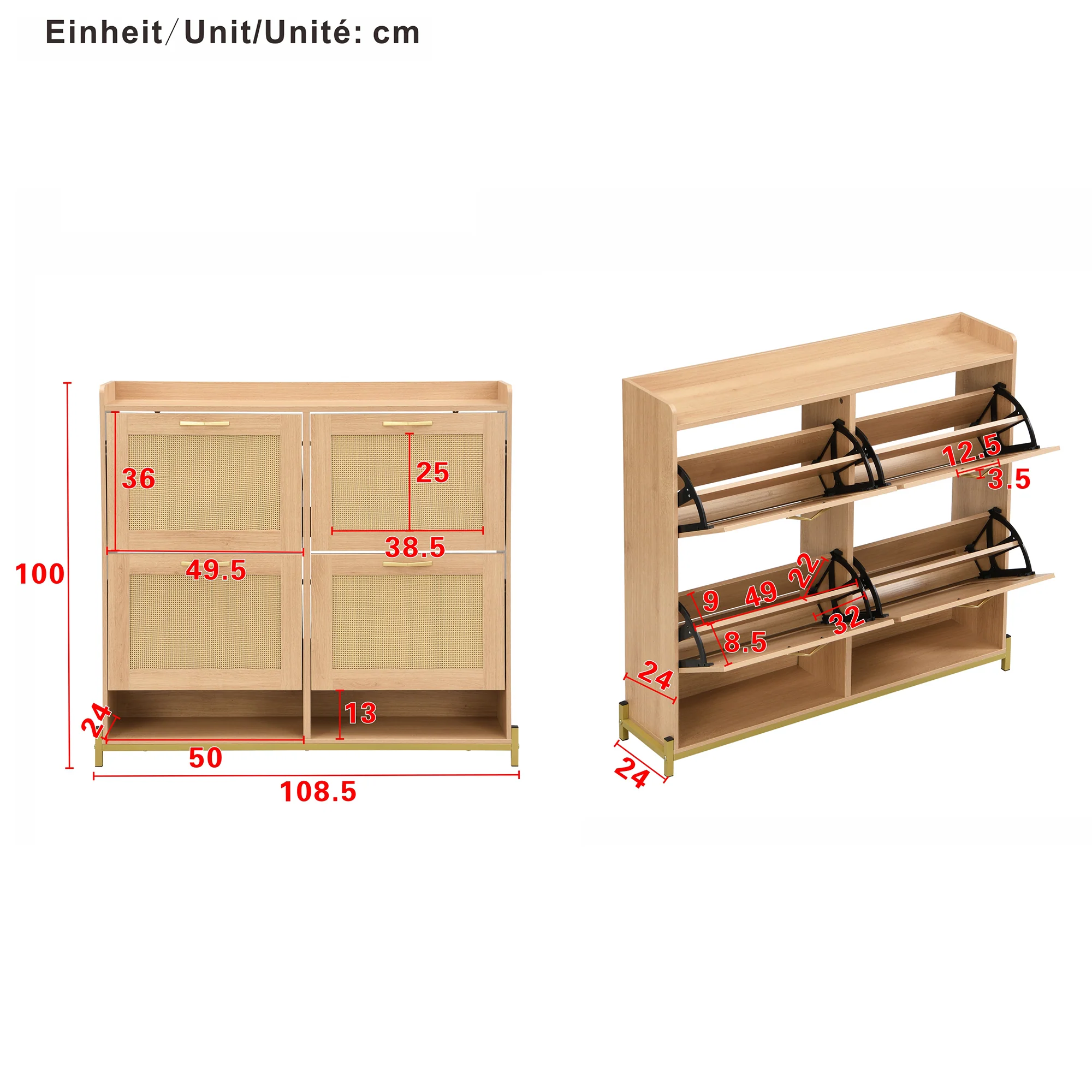 Shoe Cabinet Rattan Doors 4 Doors Metal Frame - Wood - Image 6