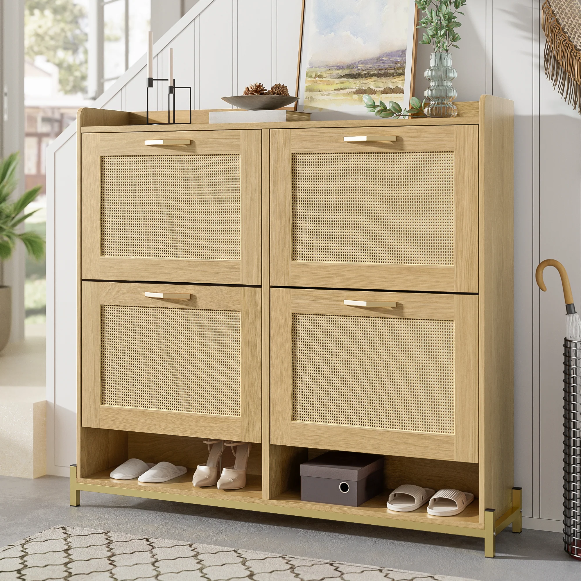 Shoe Cabinet Rattan Doors 4 Doors Metal Frame - Wood - Image 7