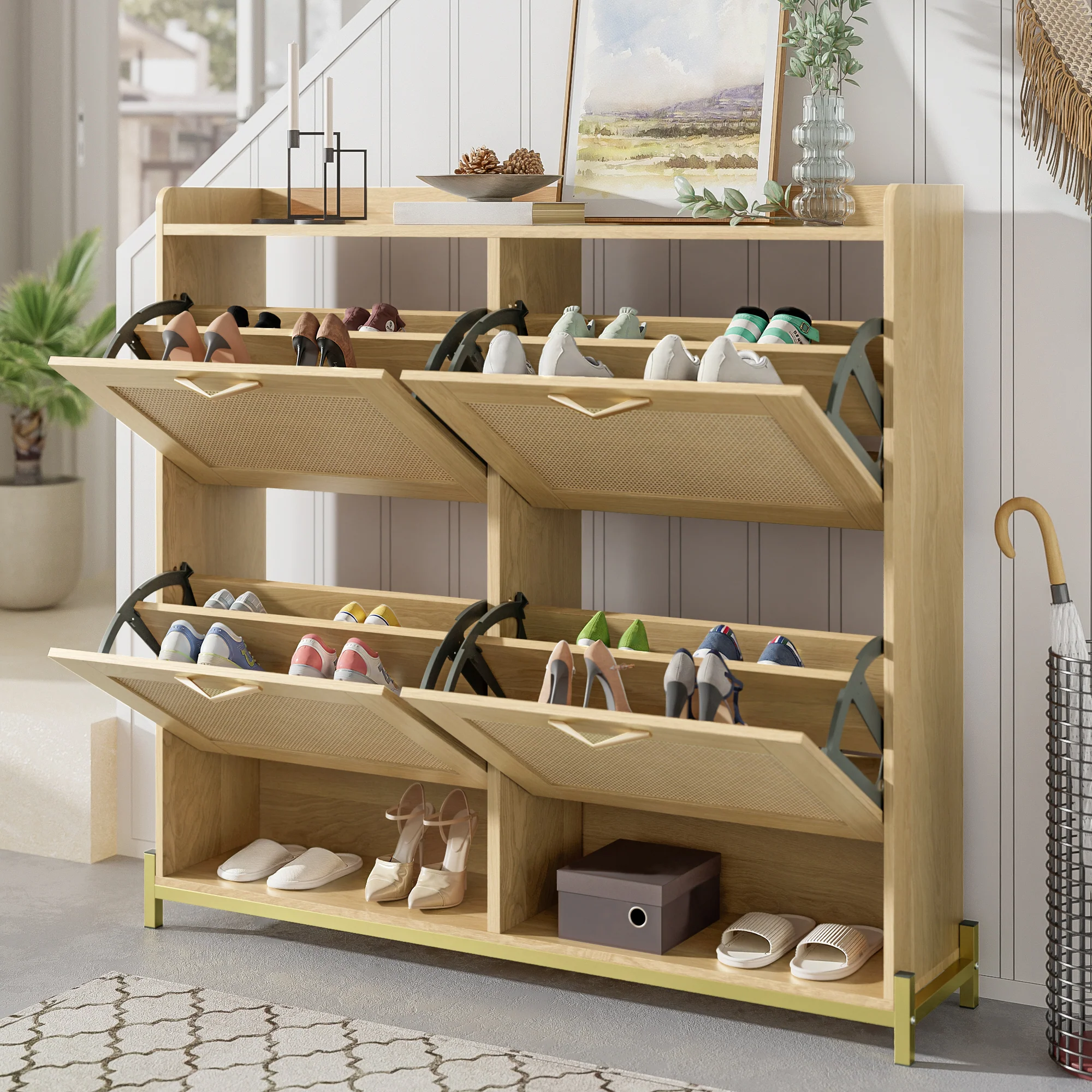 Shoe Cabinet Rattan Doors 4 Doors Metal Frame - Wood - Image 8