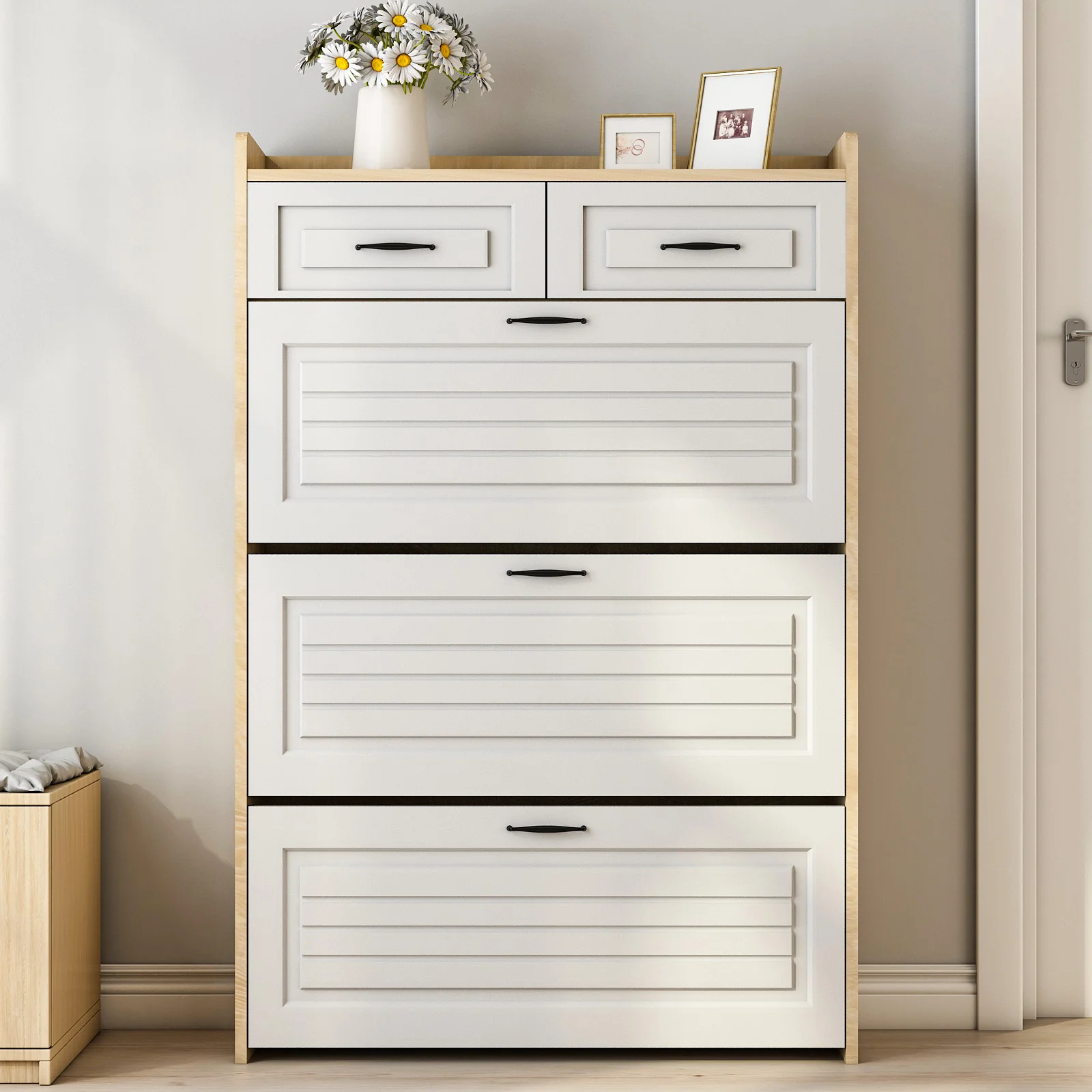 Shoe Cabinet Rotating Shoe Rack with 3 Doors and 2 Drawers Wood