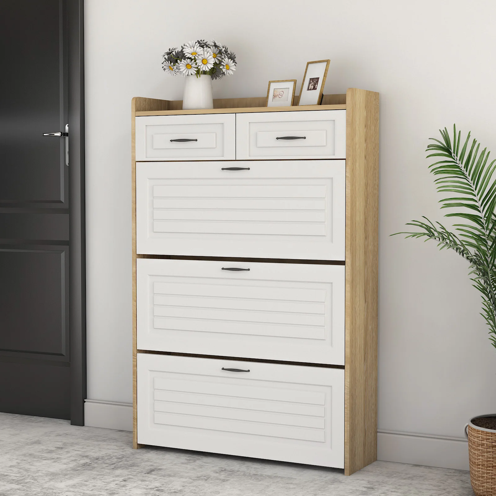 Shoe Cabinet Rotating Shoe Rack with 3 Doors and 2 Drawers Wood - Image 2