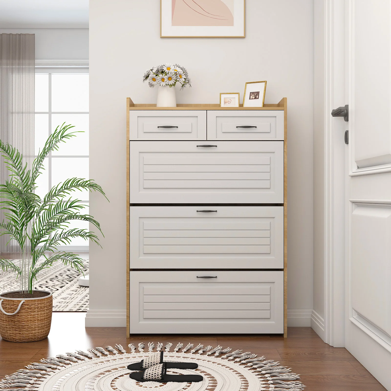 Shoe Cabinet Rotating Shoe Rack with 3 Doors and 2 Drawers Wood - Image 7