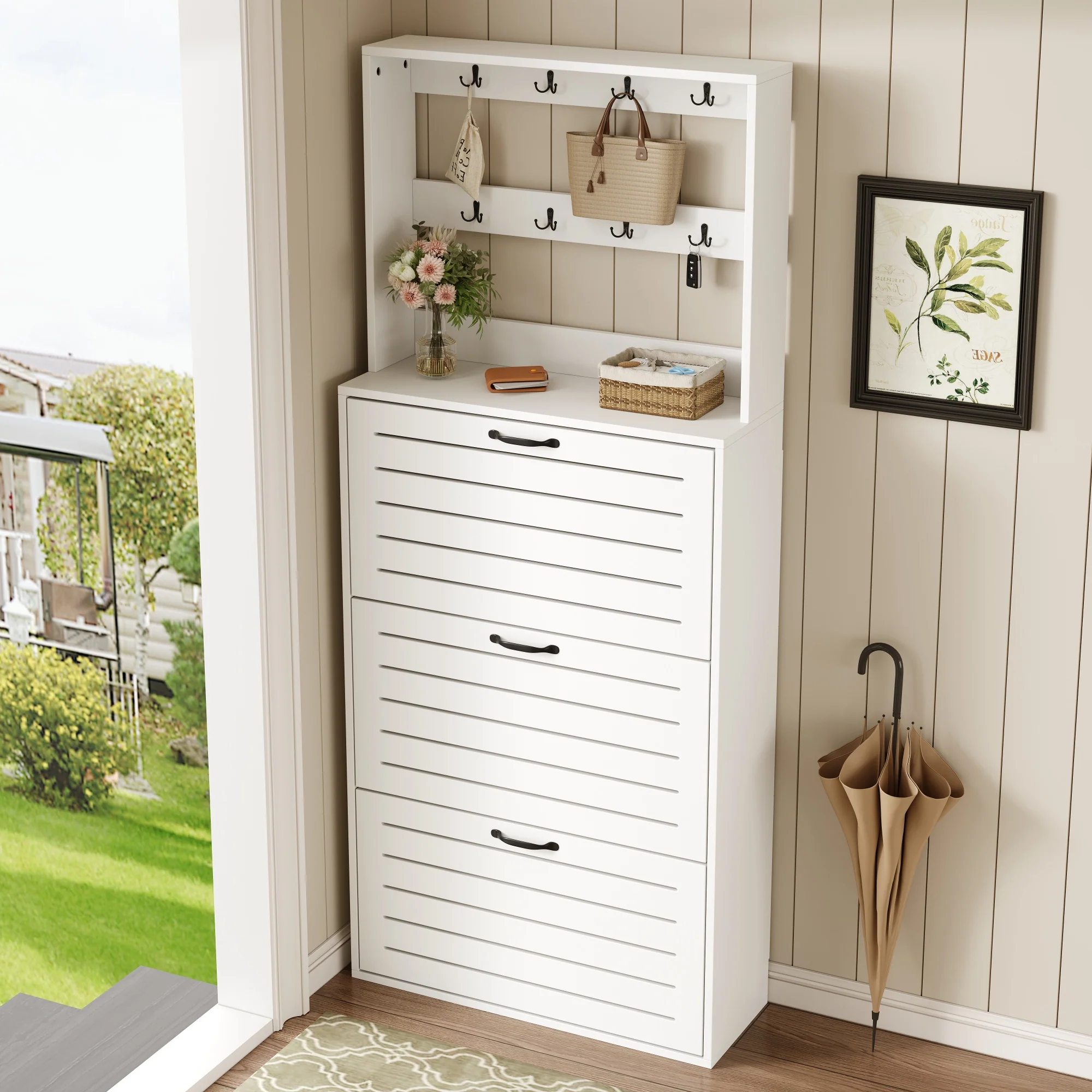 Shoe Cabinet with 3 Doors, Hooks, 15 Pairs Capacity - Image 10