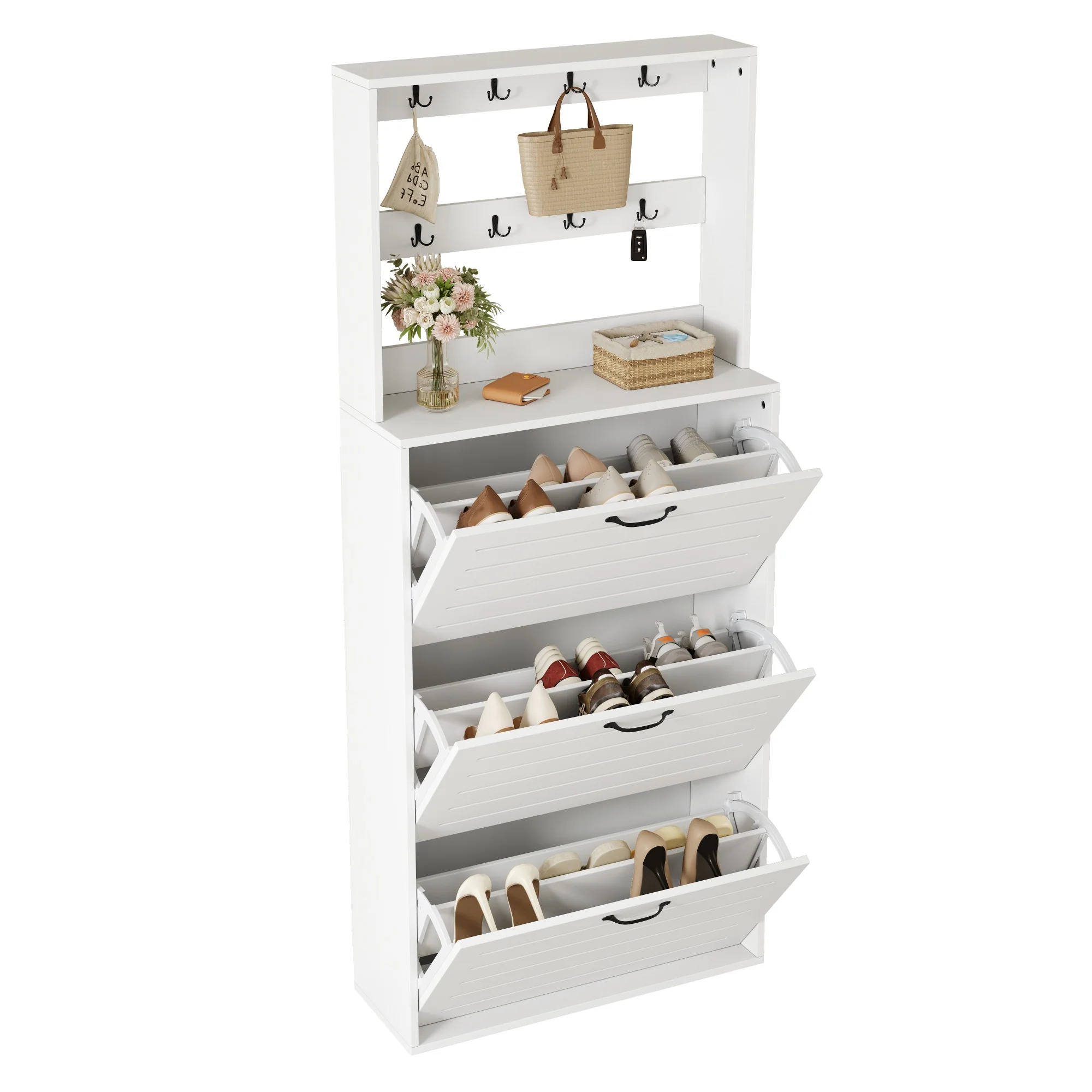 Shoe Cabinet with 3 Doors, Hooks, 15 Pairs Capacity - Image 2
