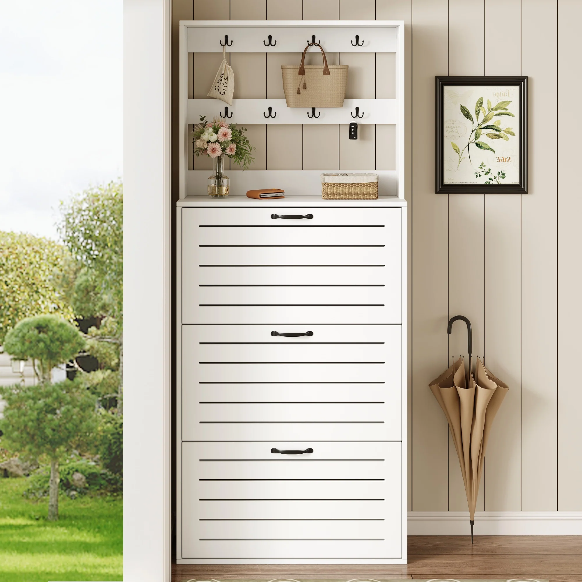 Shoe Cabinet with 3 Doors, Hooks, 15 Pairs Capacity - Image 3