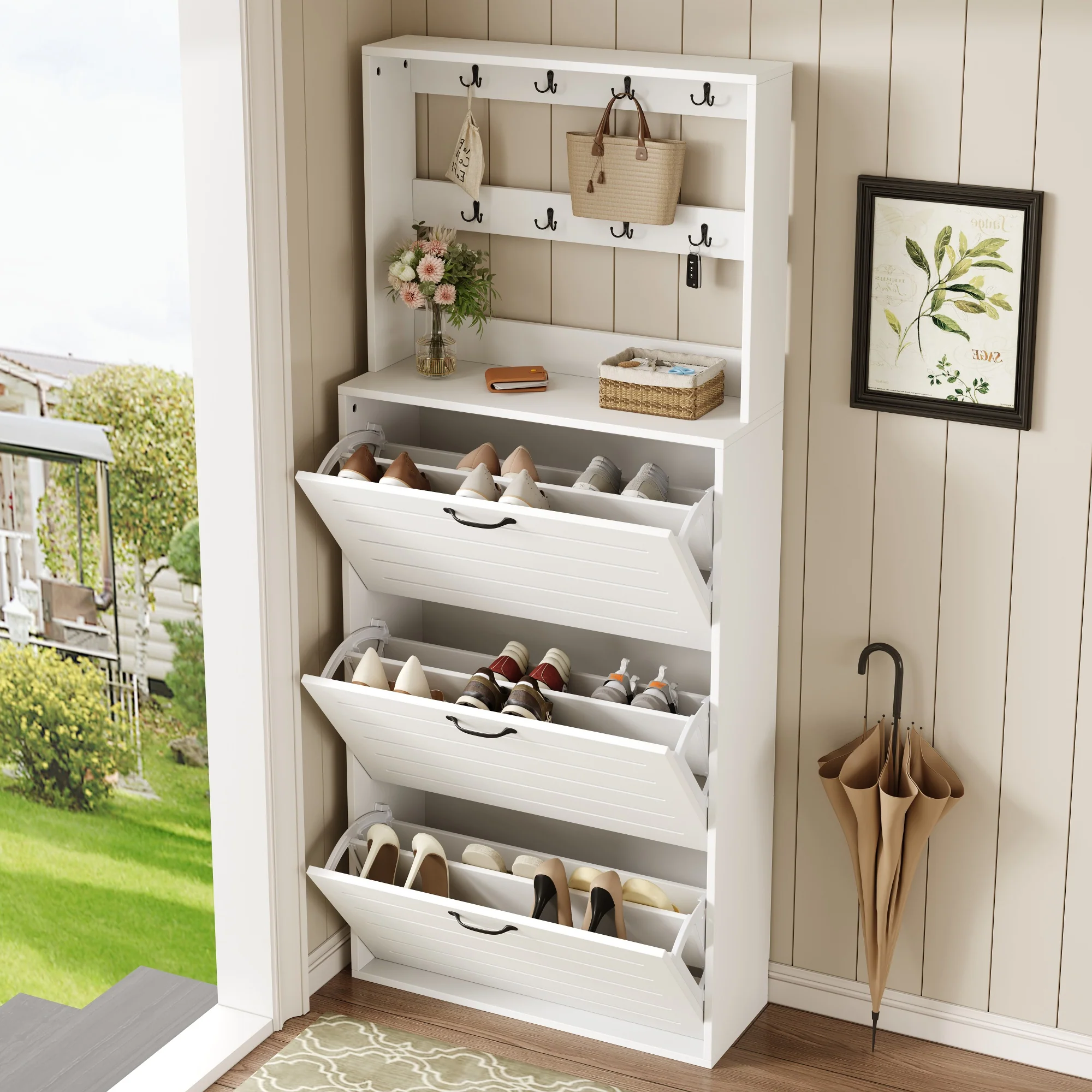 Shoe Cabinet with 3 Doors, Hooks, 15 Pairs Capacity - Image 4
