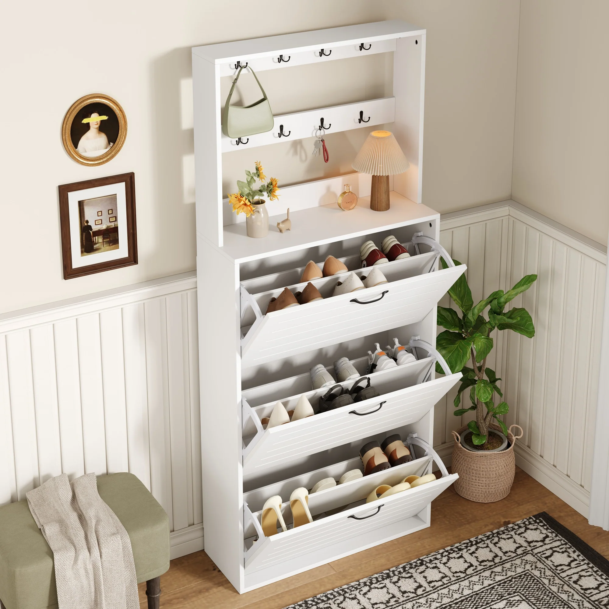 Shoe Cabinet with 3 Doors, Hooks, 15 Pairs Capacity - Image 6