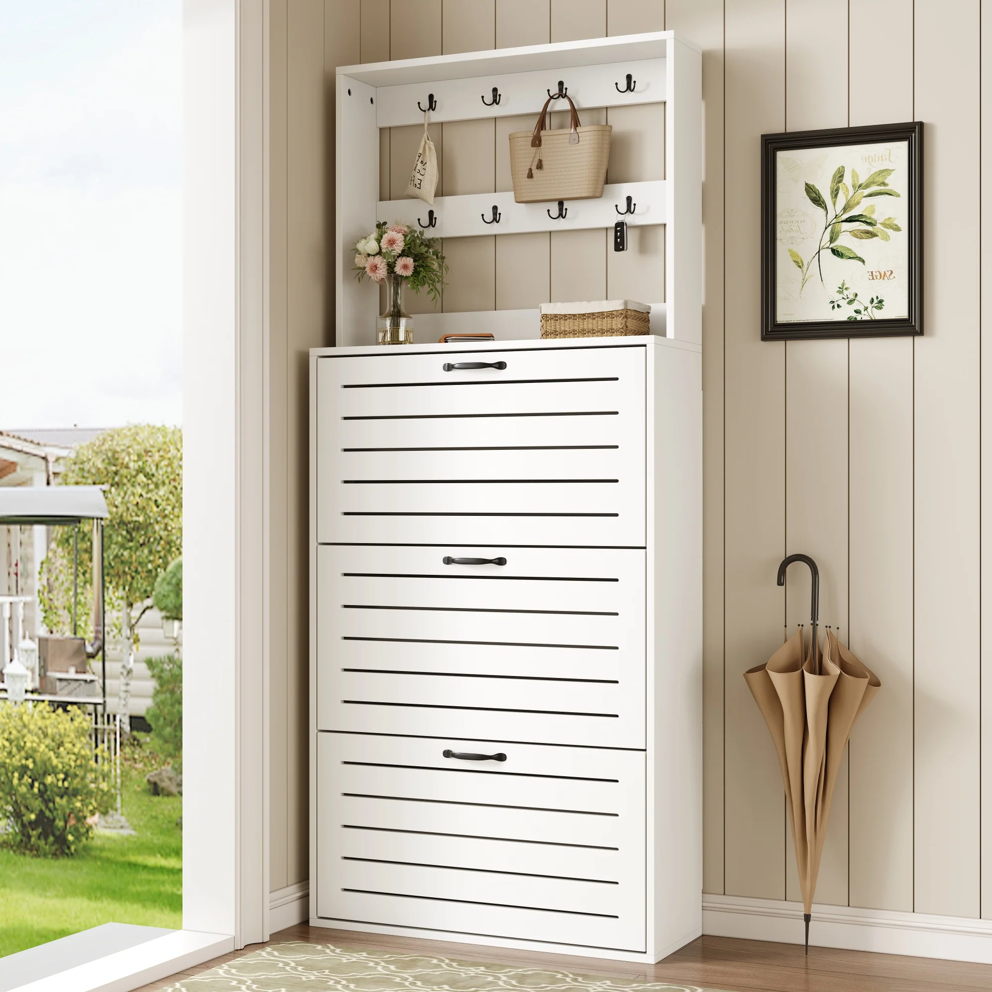 Shoe Cabinet with 3 Doors, Hooks, 15 Pairs Capacity - Image 7