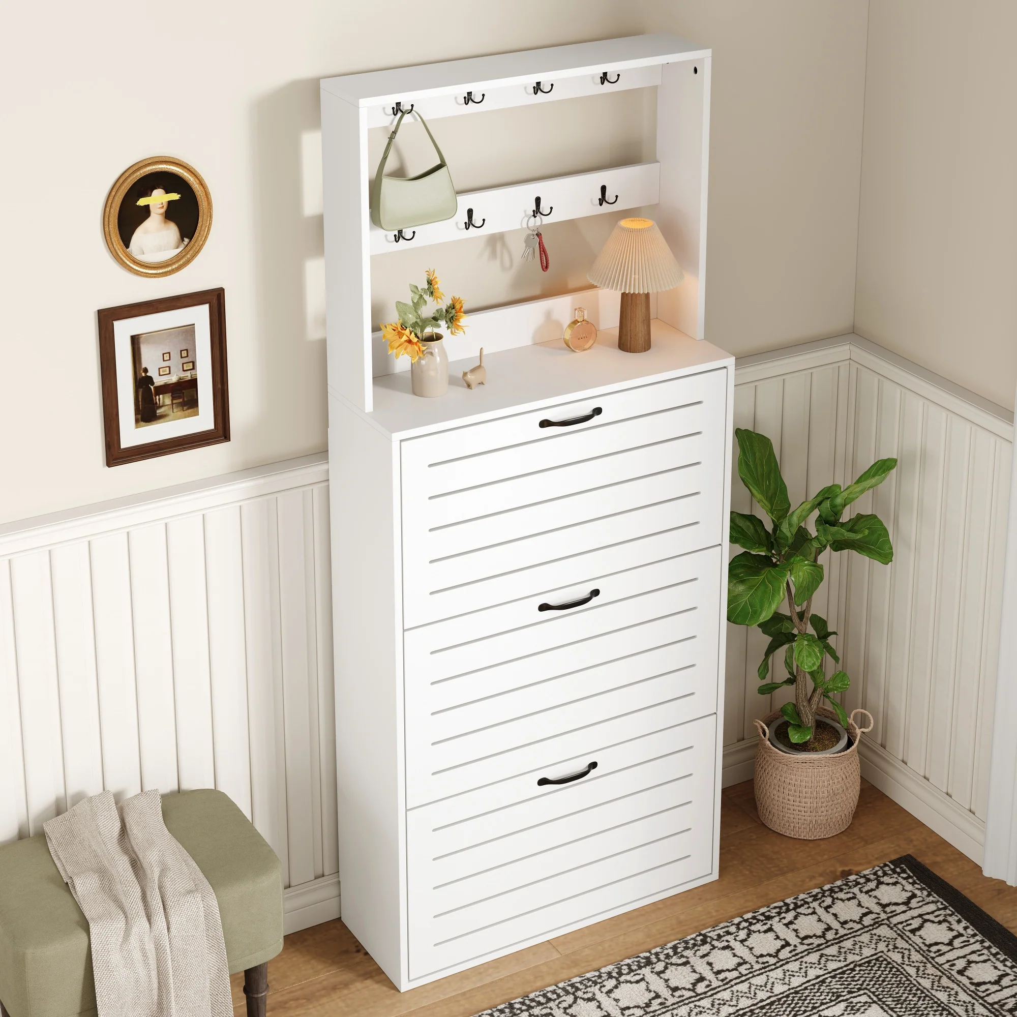Shoe Cabinet with 3 Doors, Hooks, 15 Pairs Capacity - Image 8