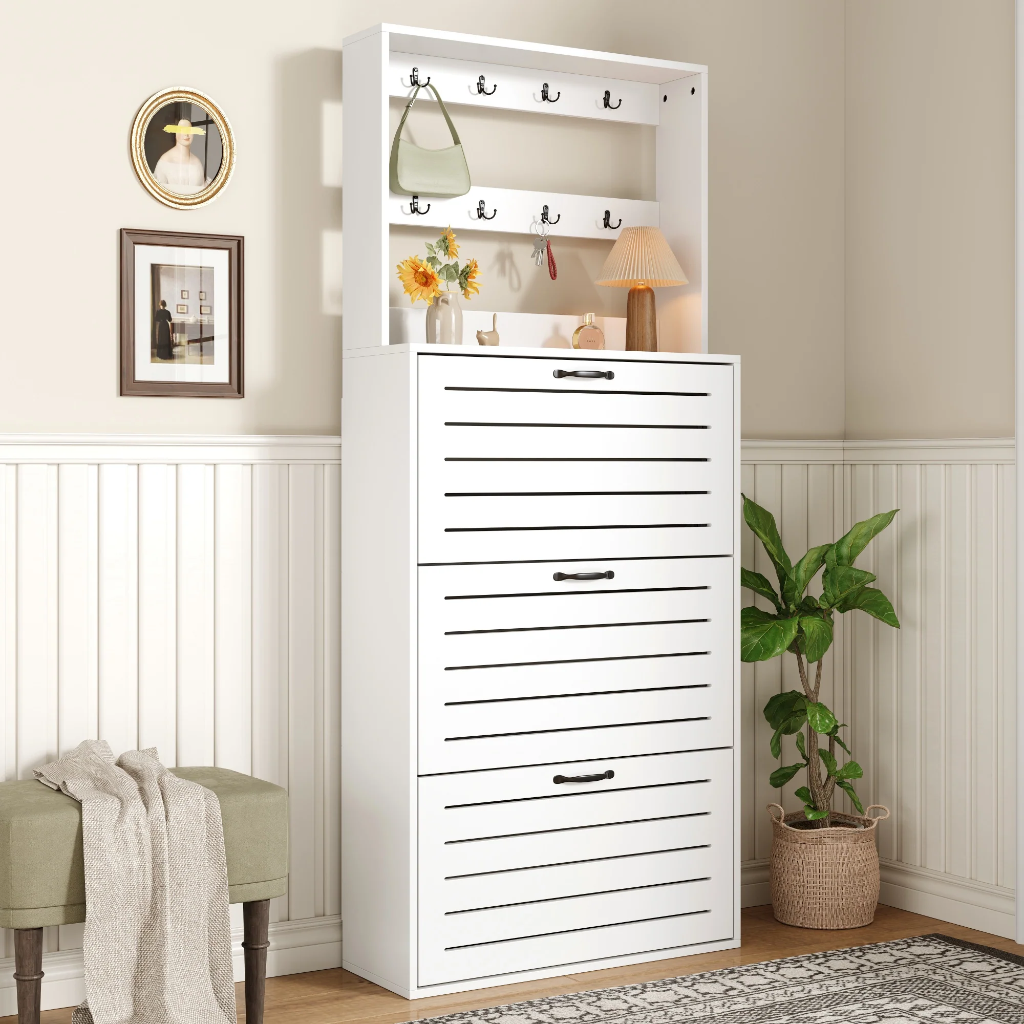 Shoe Cabinet with 3 Doors, Hooks, 15 Pairs Capacity - Image 9