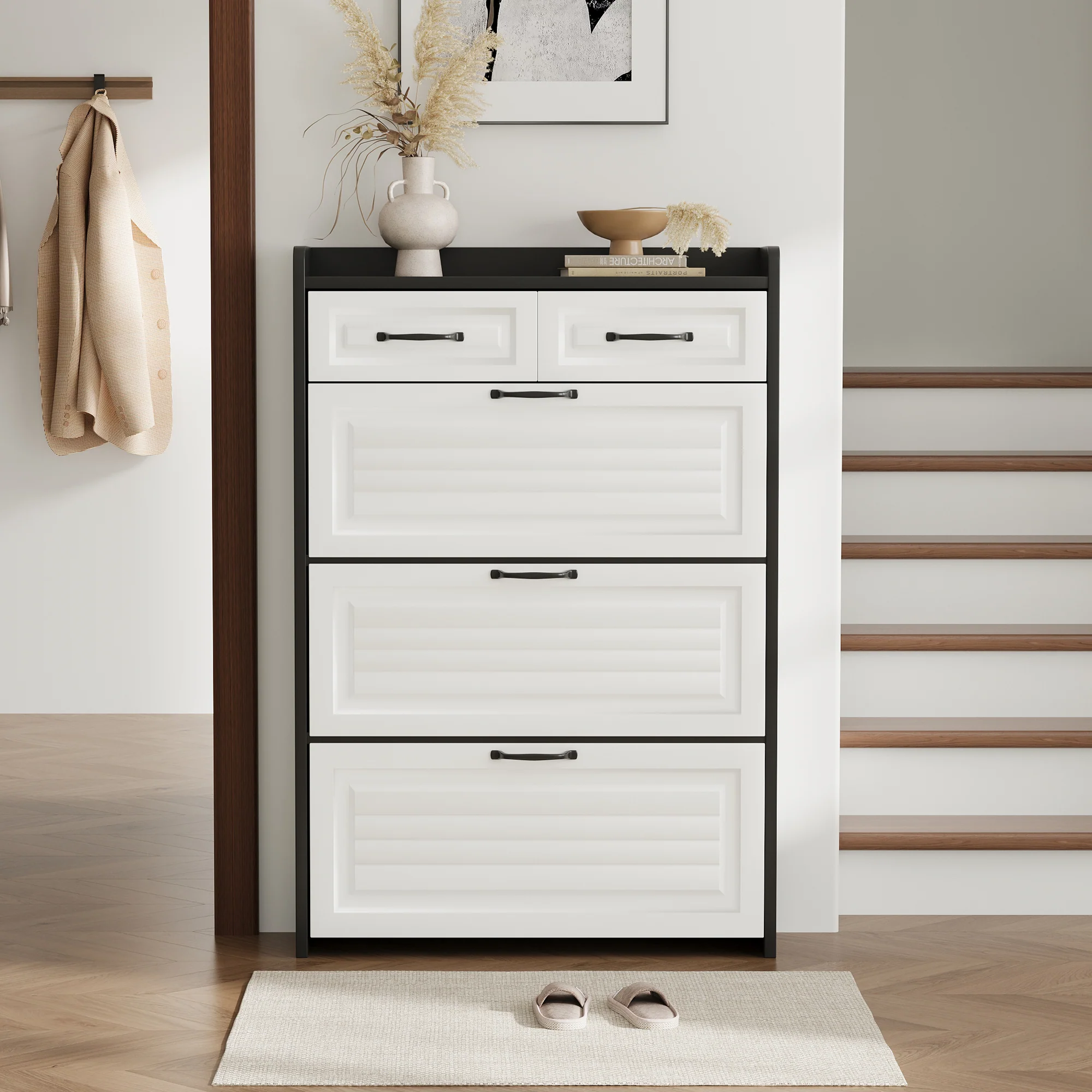 Shoe Cabinet with Rotating Rack 3 Doors 2 Drawers W80cm Wooden