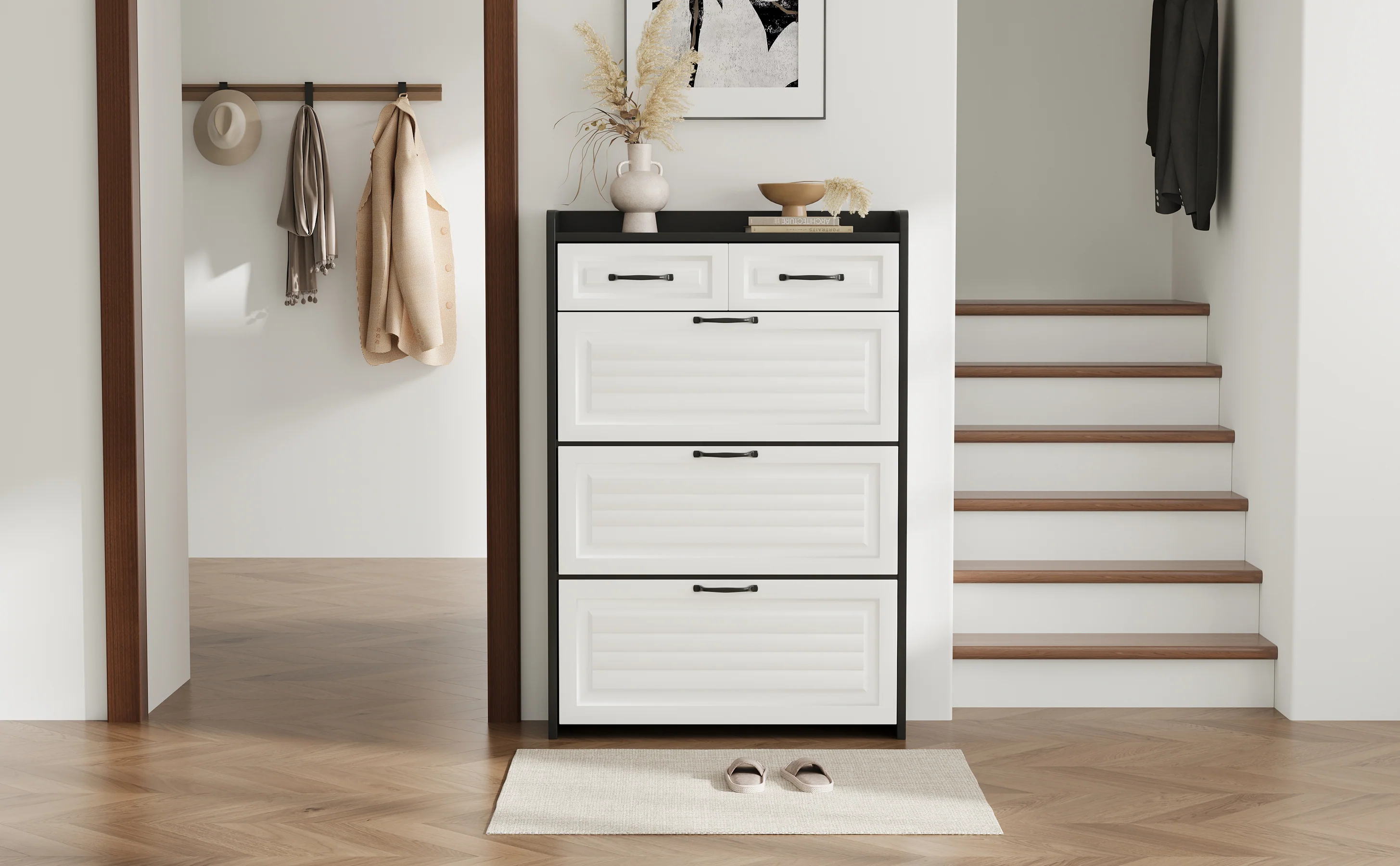 Shoe Cabinet with Rotating Rack 3 Doors 2 Drawers W80cm Wooden - Image 10