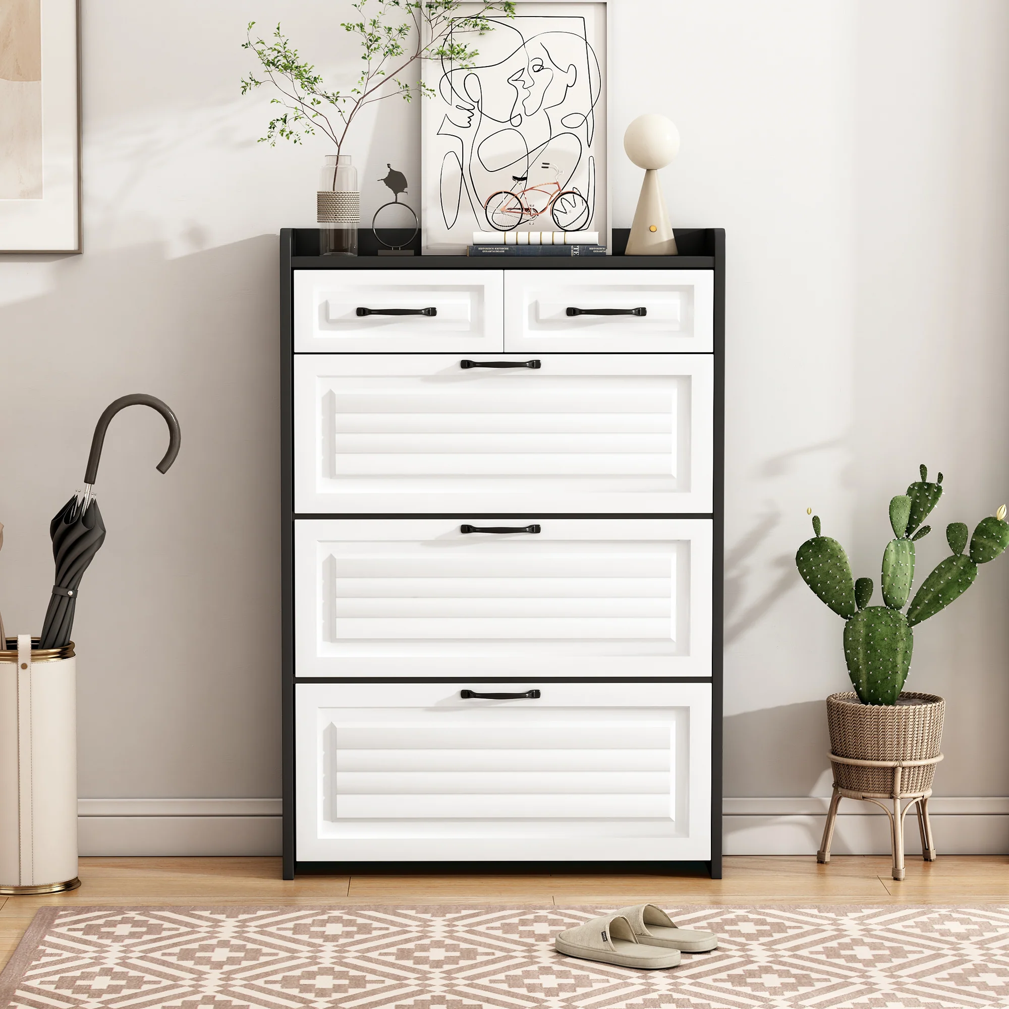Shoe Cabinet with Rotating Rack 3 Doors 2 Drawers W80cm Wooden - Image 2