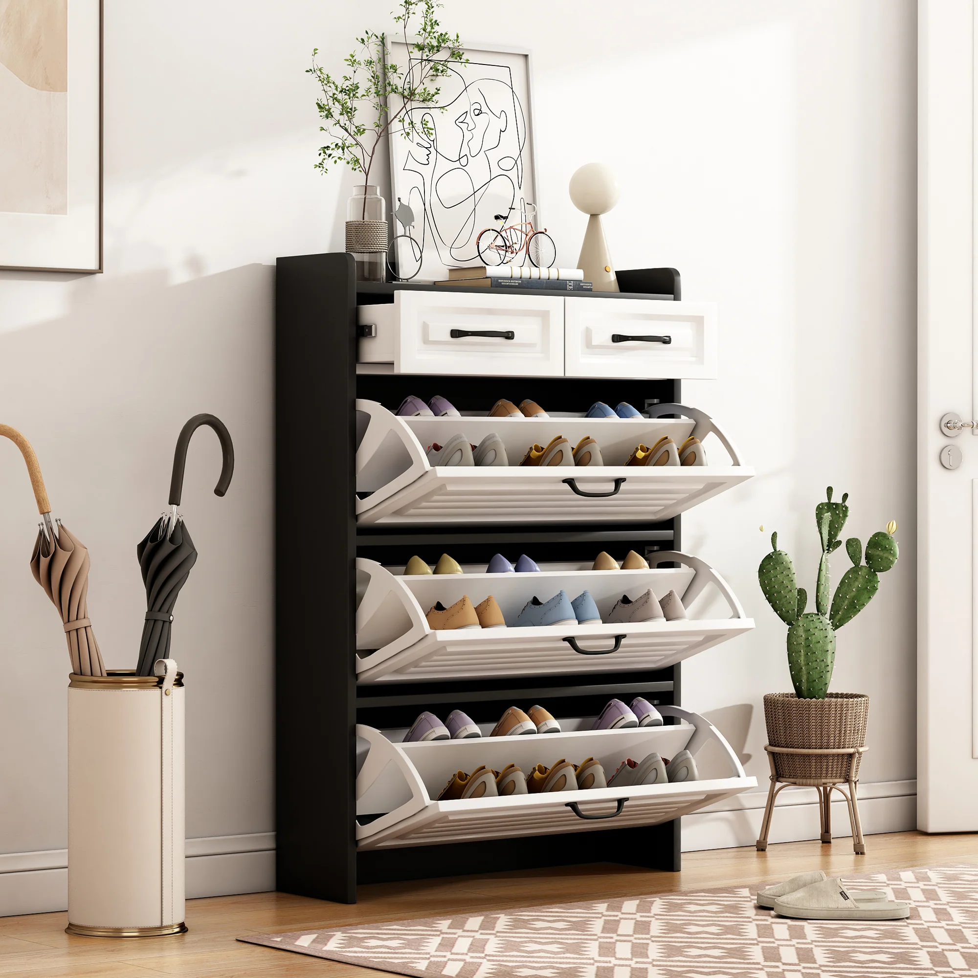 Shoe Cabinet with Rotating Rack 3 Doors 2 Drawers W80cm Wooden - Image 3