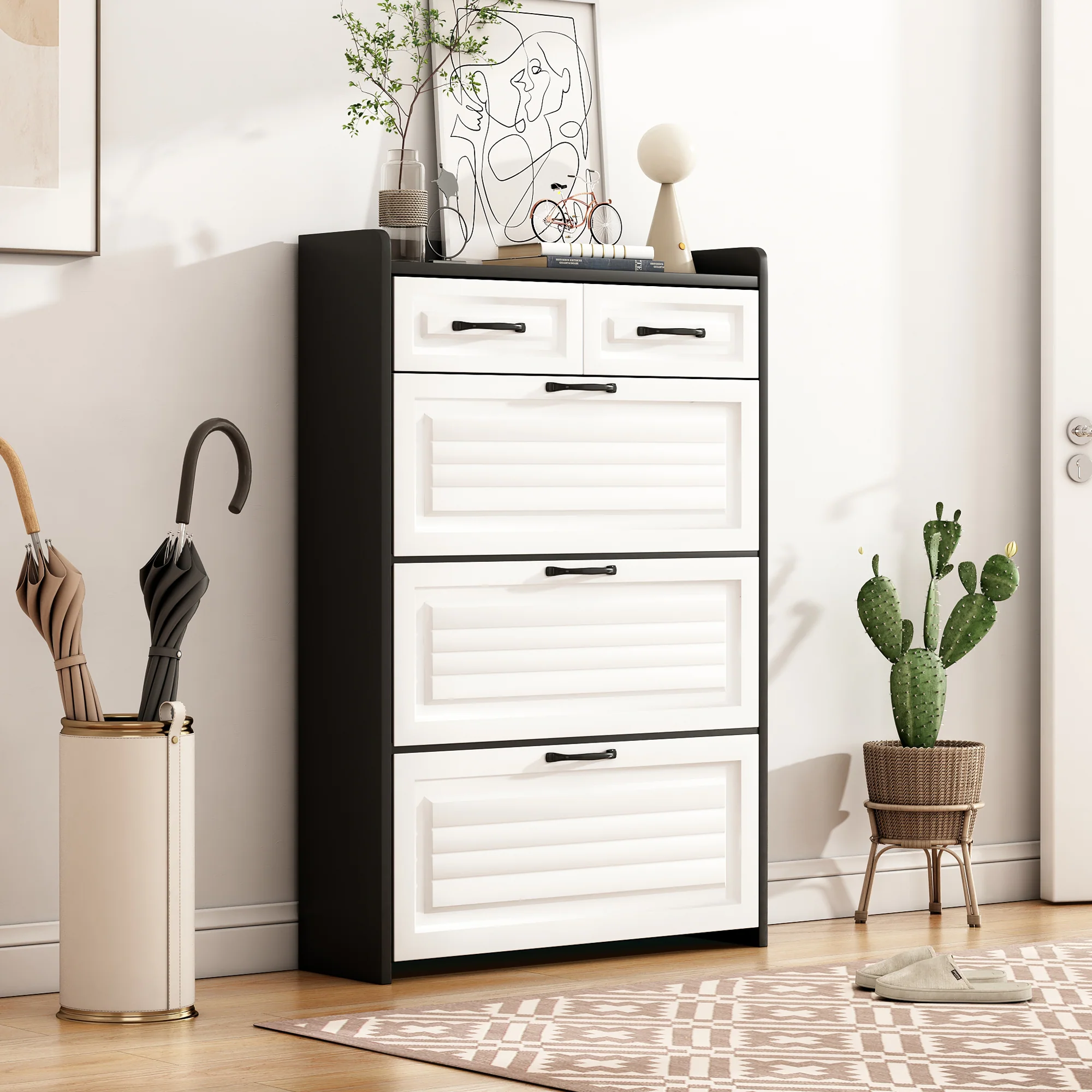 Shoe Cabinet with Rotating Rack 3 Doors 2 Drawers W80cm Wooden - Image 4