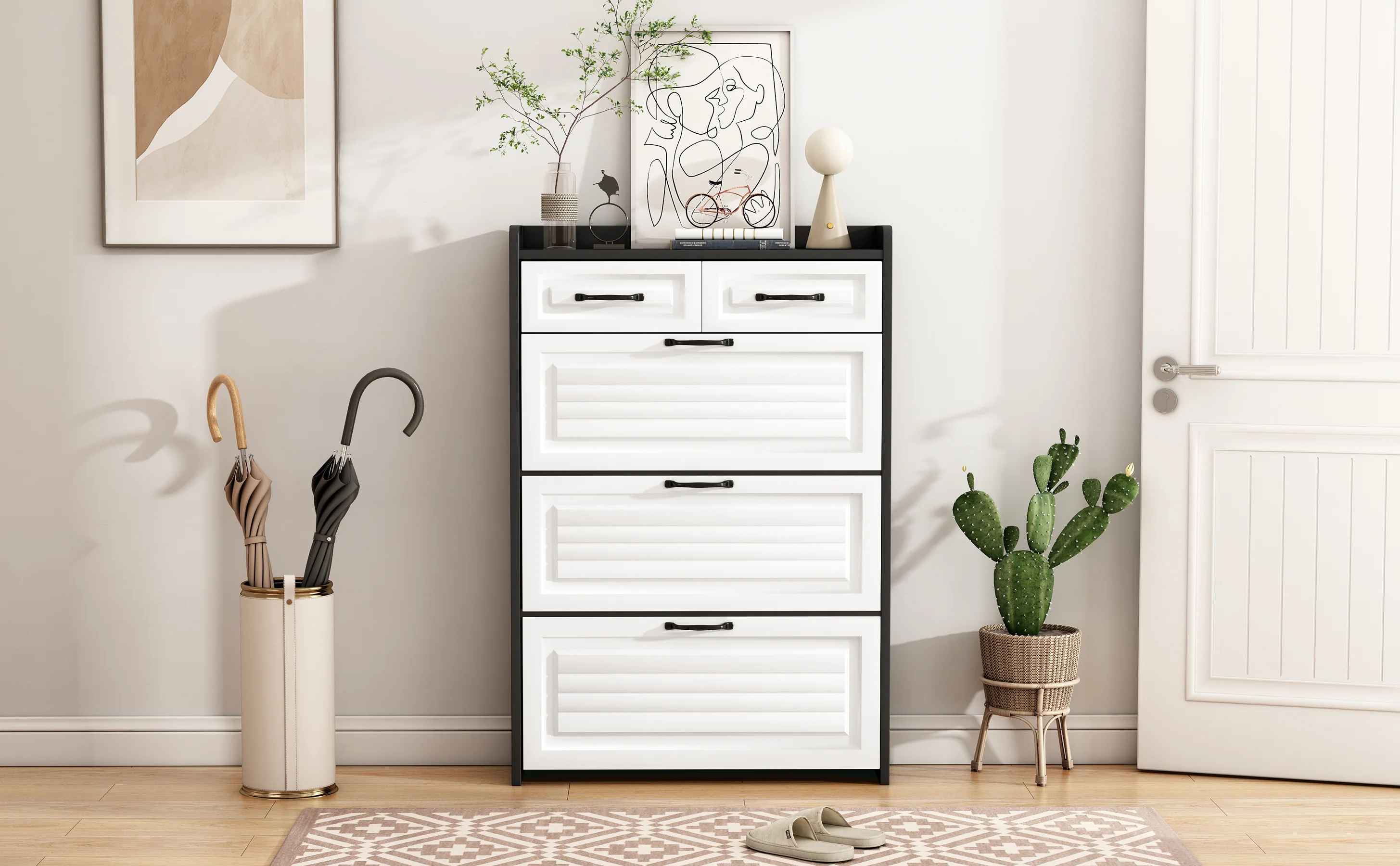 Shoe Cabinet with Rotating Rack 3 Doors 2 Drawers W80cm Wooden - Image 5