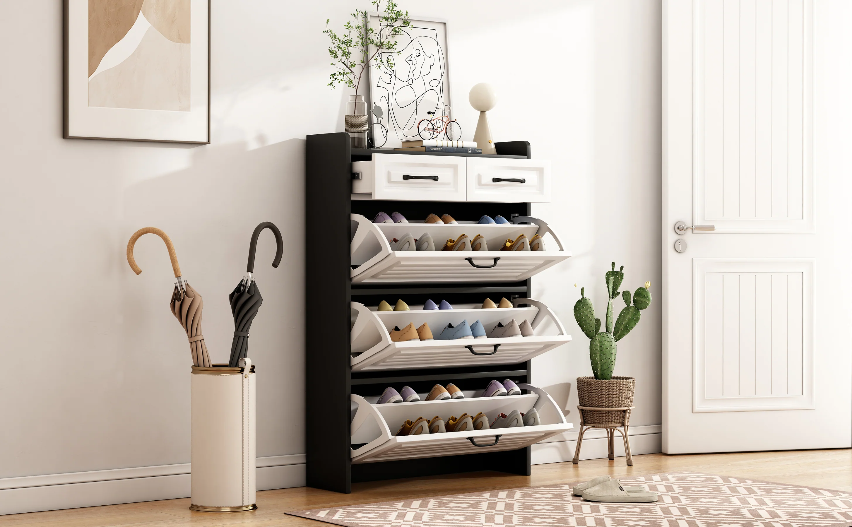 Shoe Cabinet with Rotating Rack 3 Doors 2 Drawers W80cm Wooden - Image 6