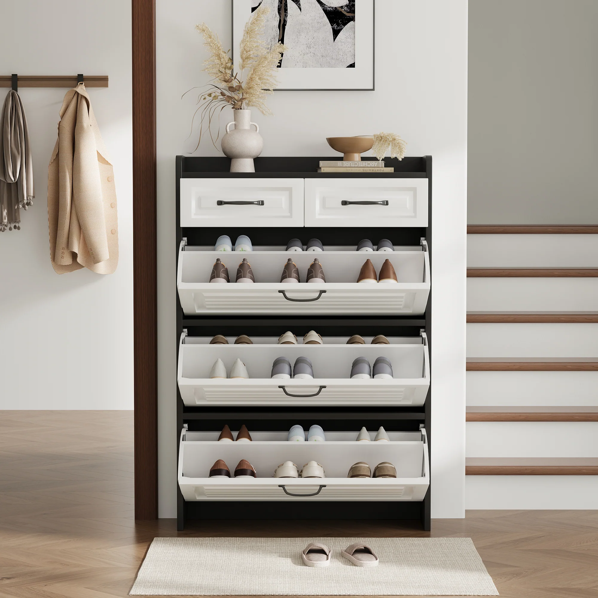 Shoe Cabinet with Rotating Rack 3 Doors 2 Drawers W80cm Wooden - Image 8