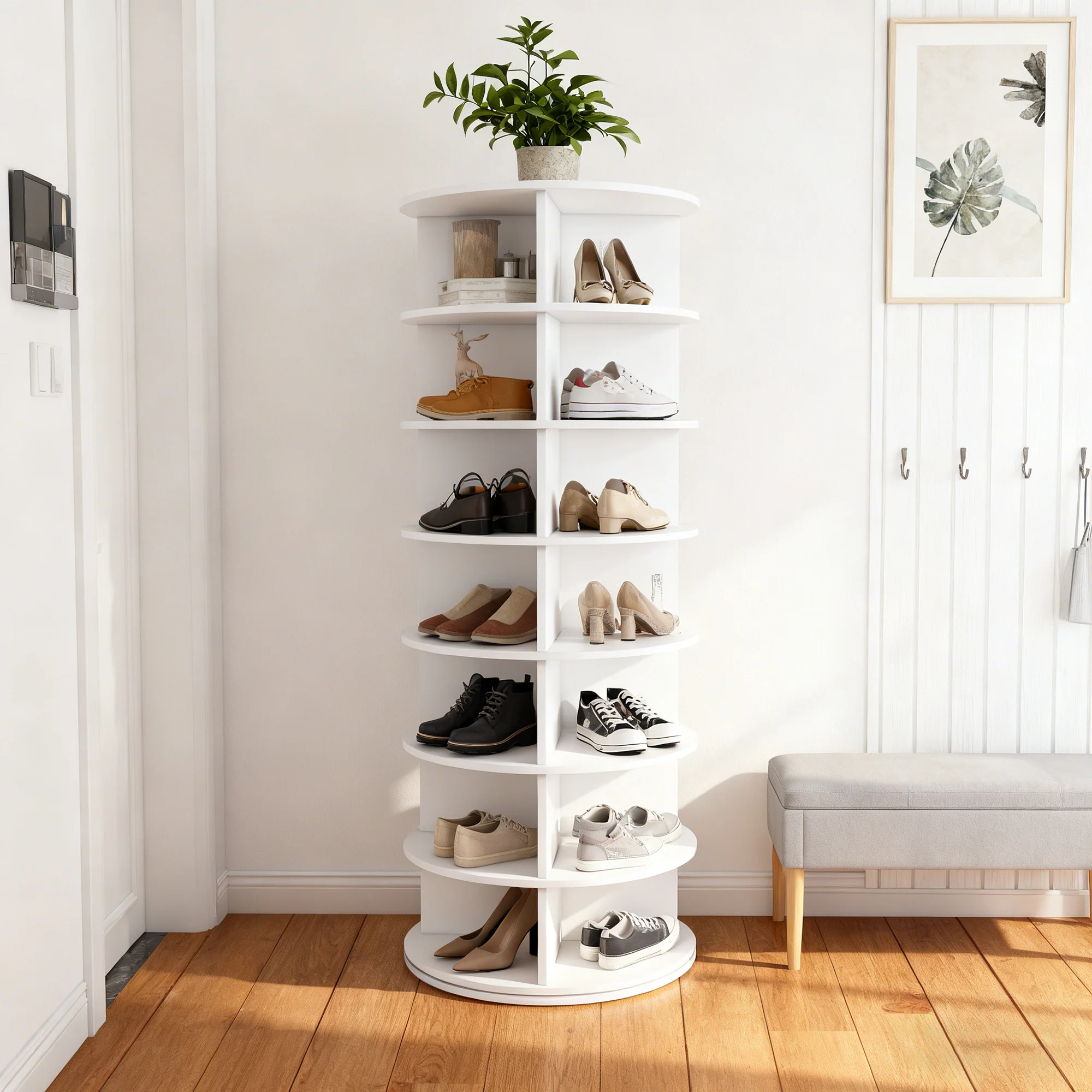 Shoe Rack Tower 7-Tier 360° Rotatable 28 Pairs - White