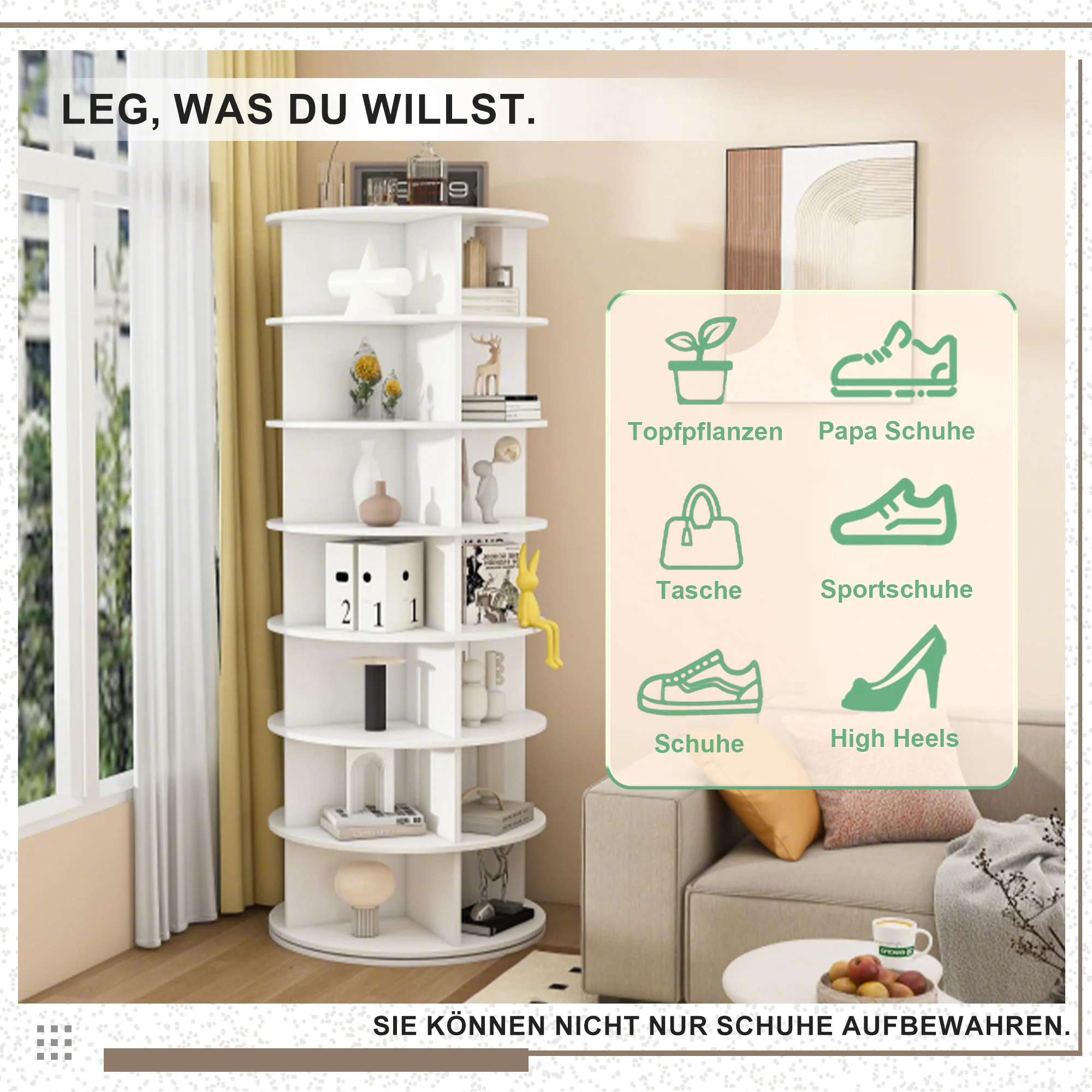Shoe Rack Tower 7-Tier 360° Rotatable 28 Pairs - White - Image 10