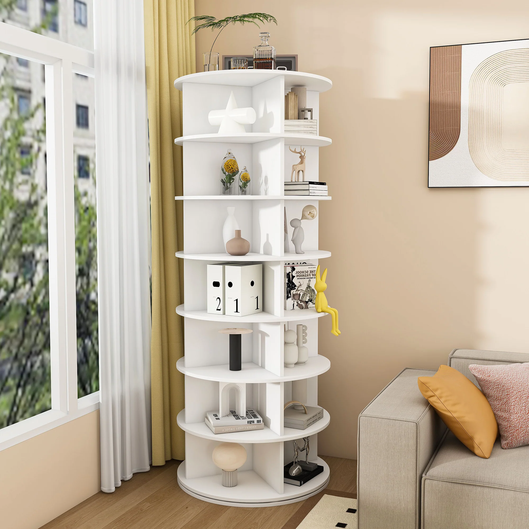 Shoe Rack Tower 7-Tier 360° Rotatable 28 Pairs - White - Image 2
