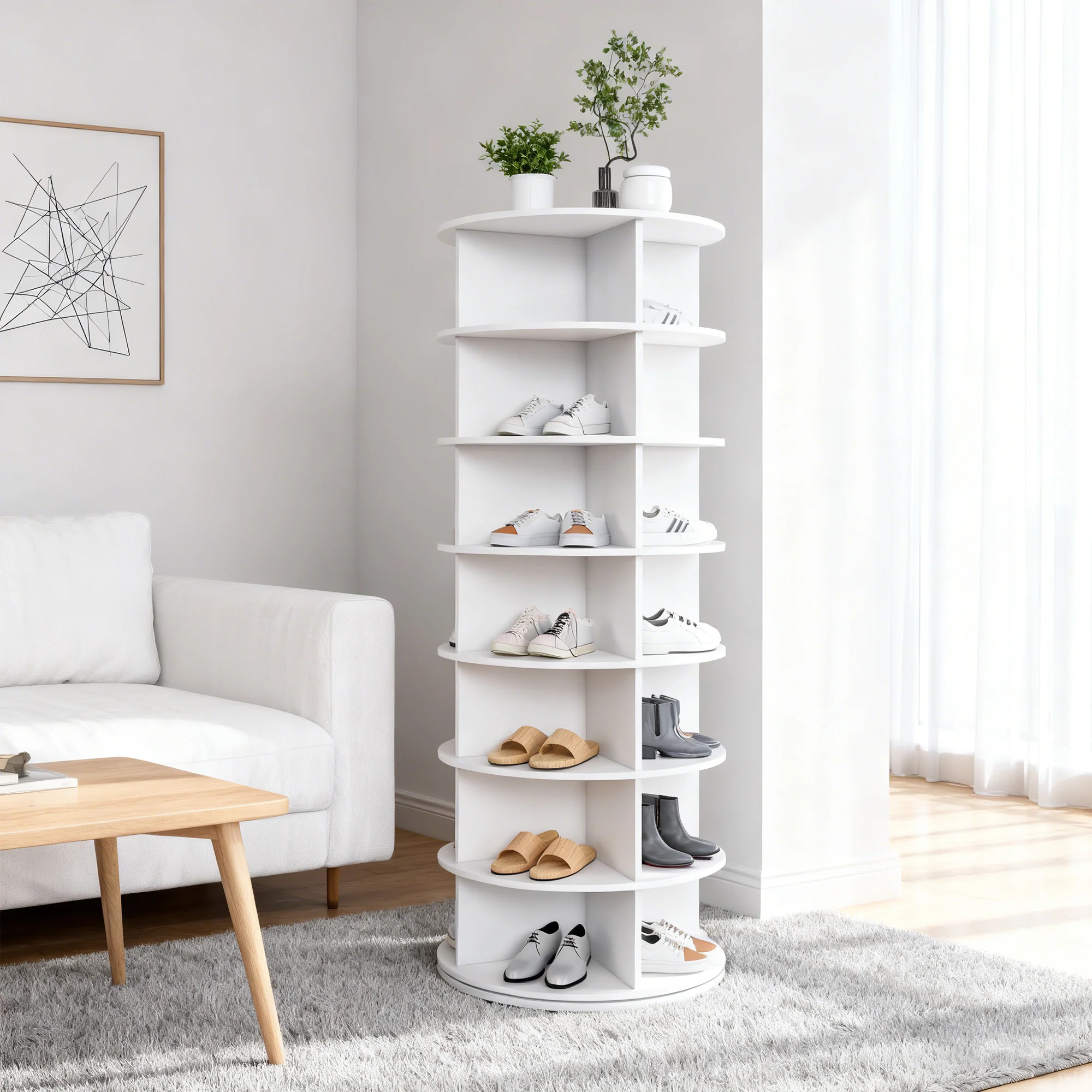 Shoe Rack Tower 7-Tier 360° Rotatable 28 Pairs - White - Image 3