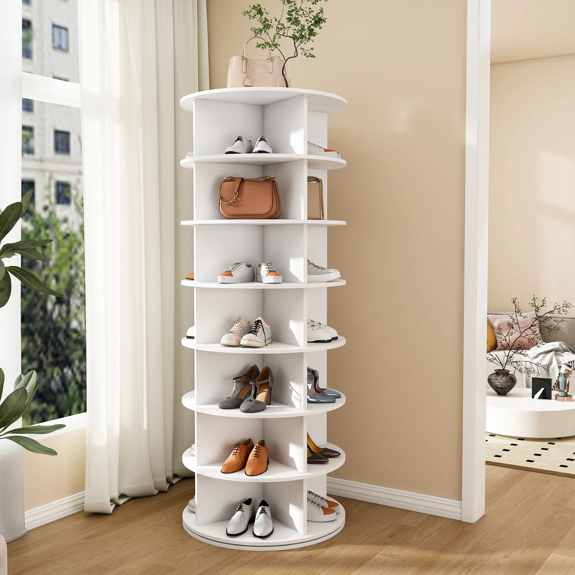 Shoe Rack Tower 7-Tier 360° Rotatable 28 Pairs - White - Image 6