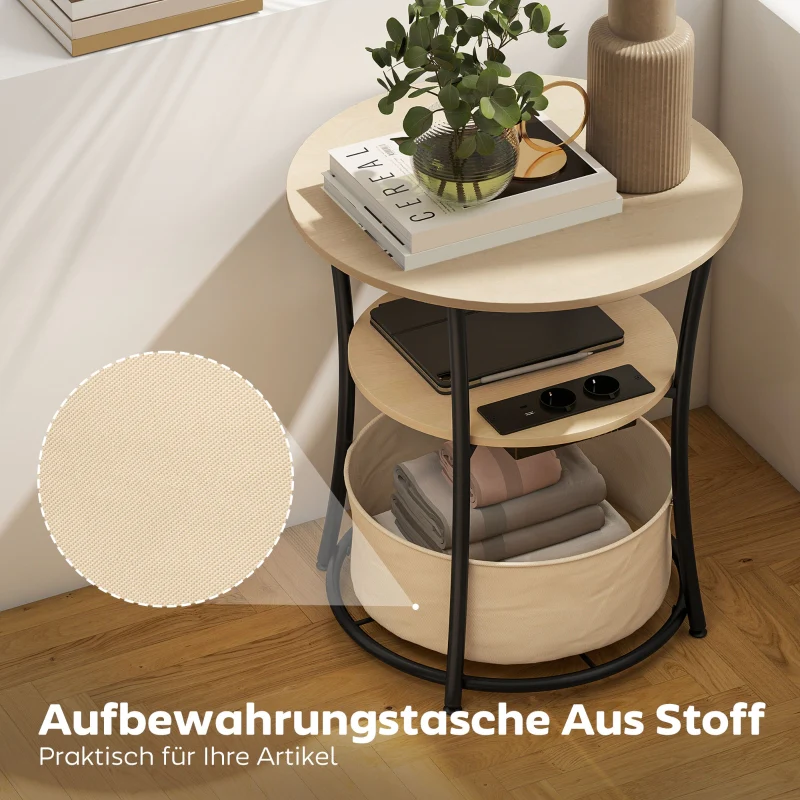 Side Table 3-Tier Charging Station Storage Bag Shelf - Natural Wood