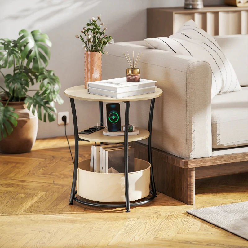 Side Table 3-Tier Charging Station Storage Bag Shelf - Natural Wood - Image 2