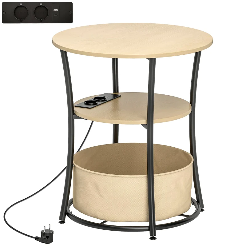 Side Table 3-Tier Charging Station Storage Bag Shelf - Natural Wood - Image 3