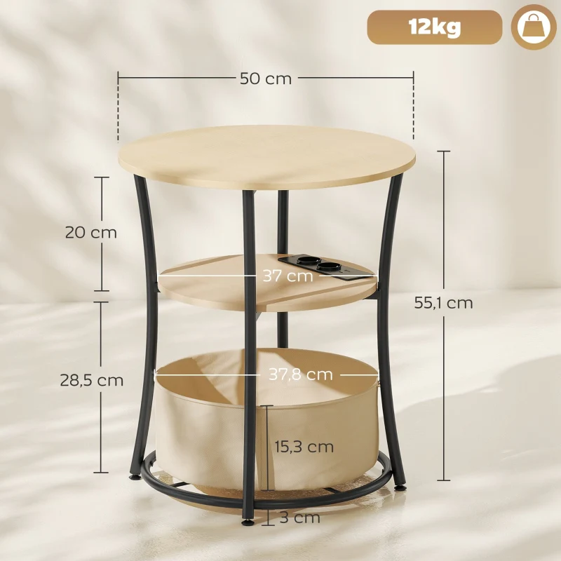Side Table 3-Tier Charging Station Storage Bag Shelf - Natural Wood - Image 4