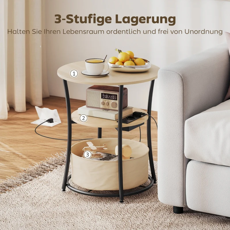 Side Table 3-Tier Charging Station Storage Bag Shelf - Natural Wood - Image 6