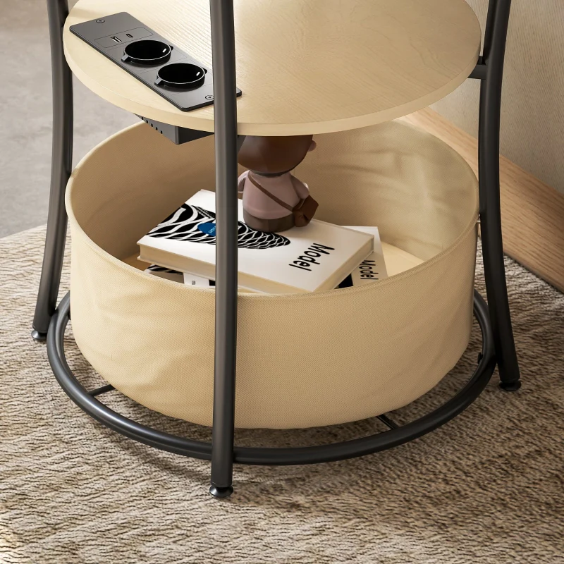 Side Table 3-Tier Charging Station Storage Bag Shelf - Natural Wood - Image 8