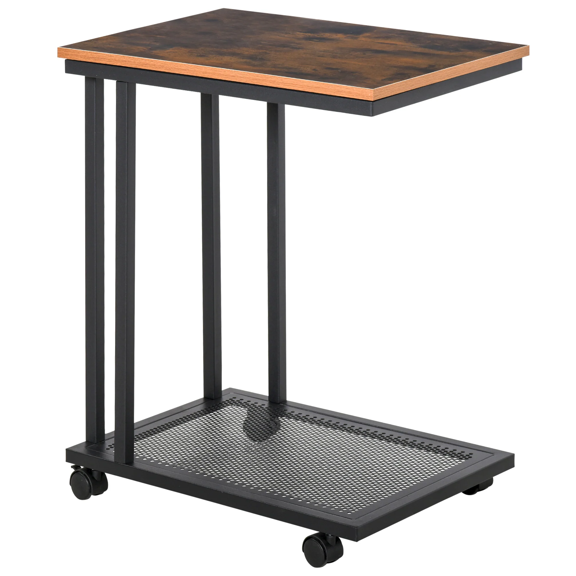 Side Table C-Shaped Rolling Serving Cart Wood Metal Black Walnut - Image 2