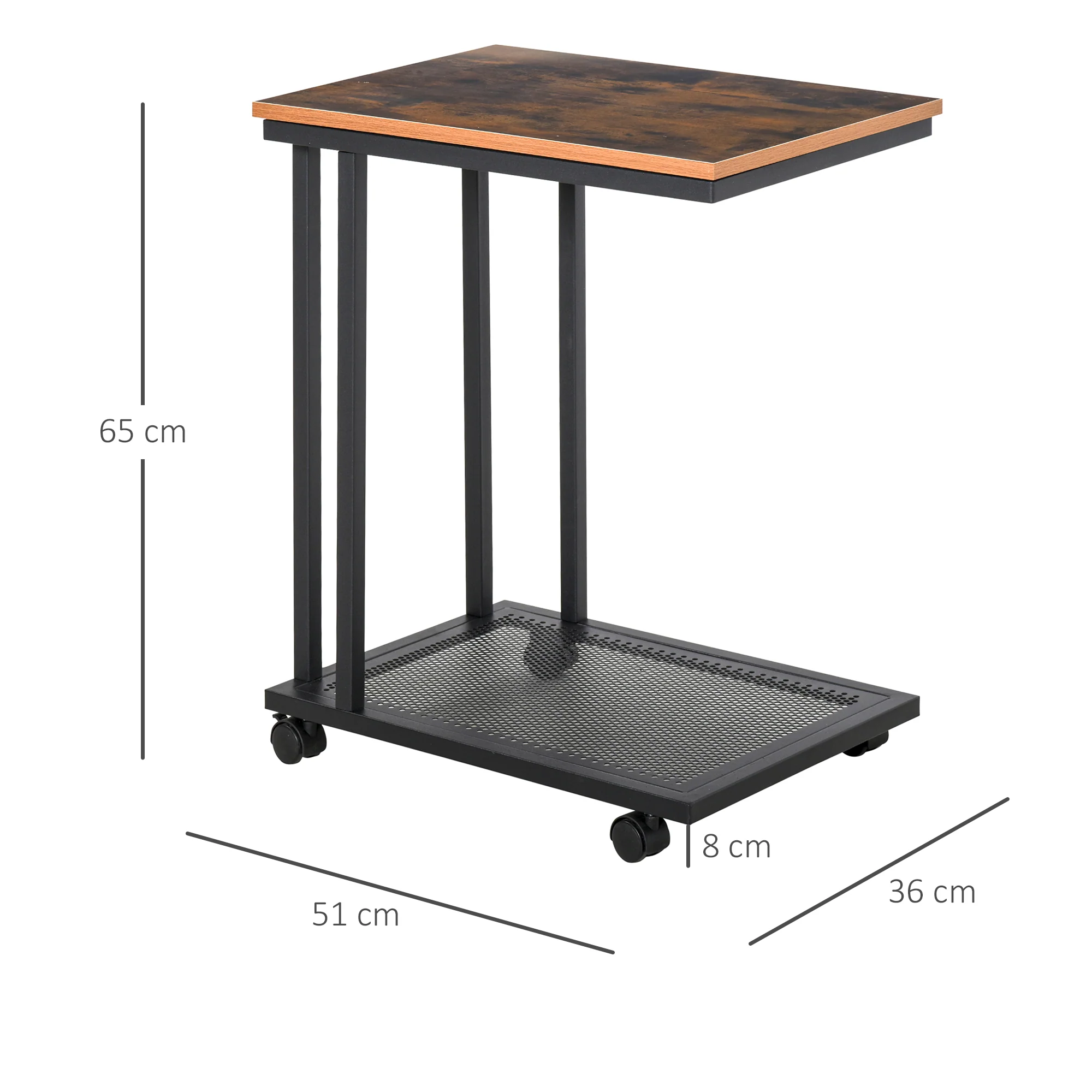Side Table C-Shaped Rolling Serving Cart Wood Metal Black Walnut - Image 3